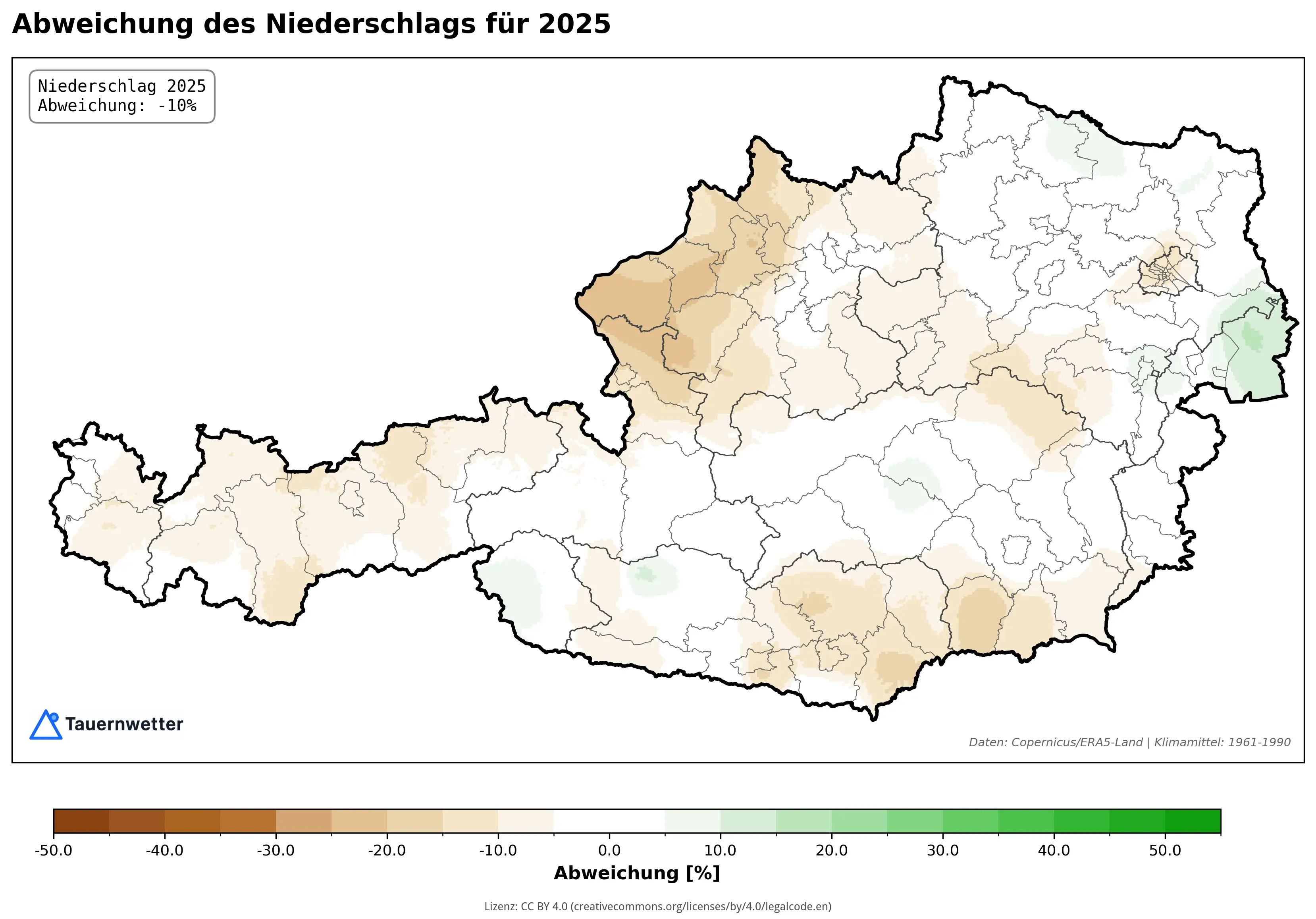 Niederschlagsabweichung Österreich 2025 - Karte zeigt -10% unter dem Klimamittel