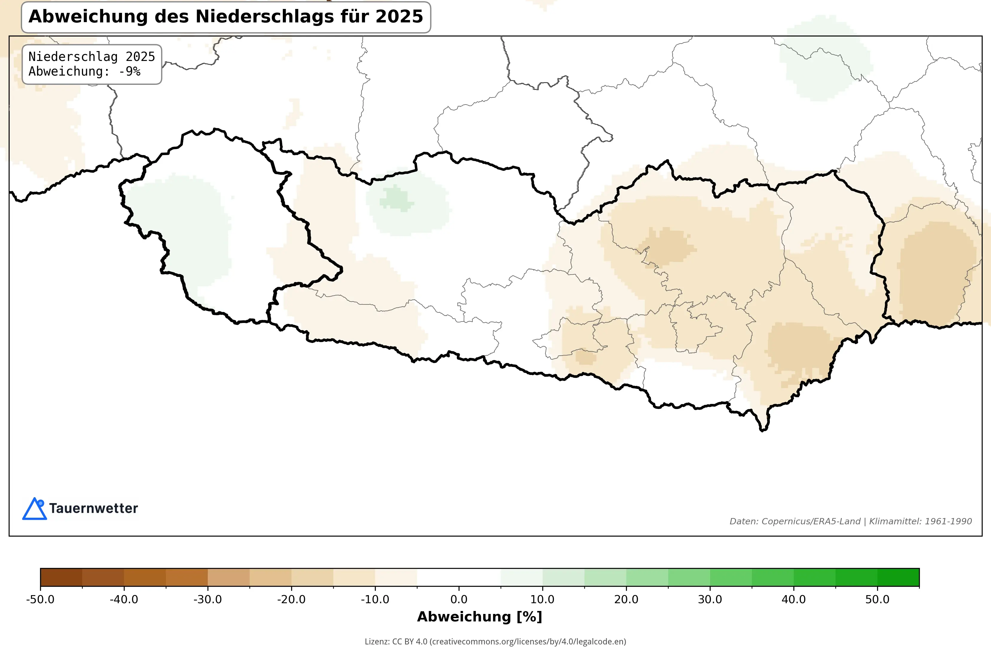 Niederschlagsabweichung Kärnten und Osttirol 2025 - Karte zeigt -9% unter dem Klimamittel