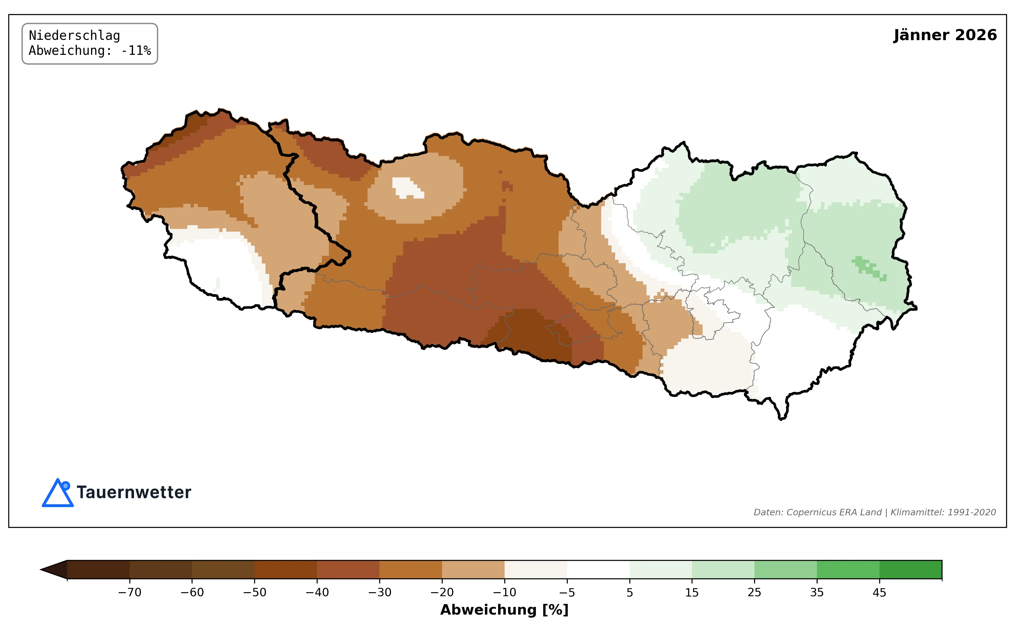 Niederschlagsabweichung Jänner 2026 Kärnten Osttirol - deutliches West-Ost-Gefälle