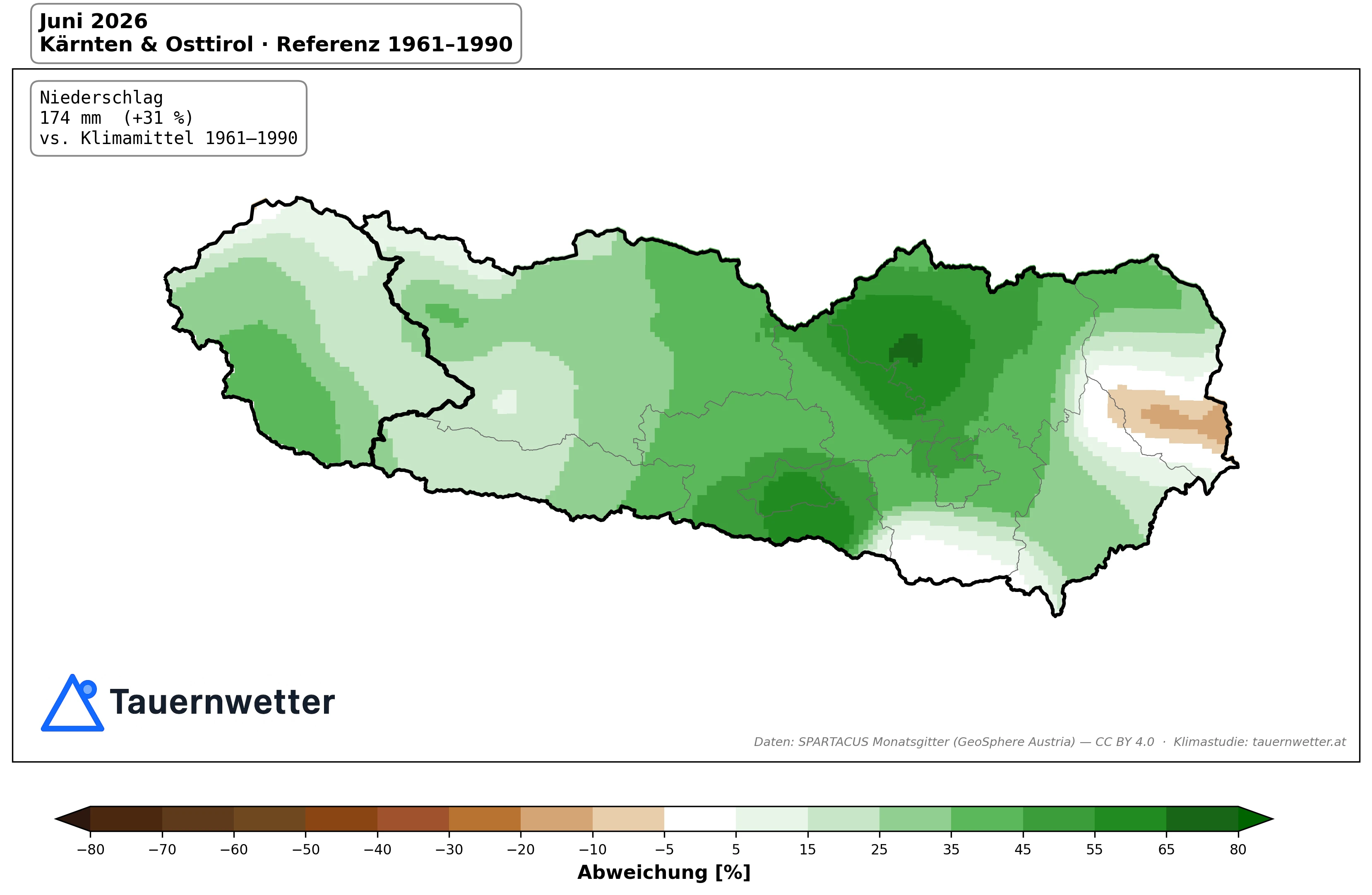 Karte der Niederschlagsabweichung im Juni 2026 in Kärnten und Osttirol gegenüber dem Klimamittel 1961 bis 1990.
