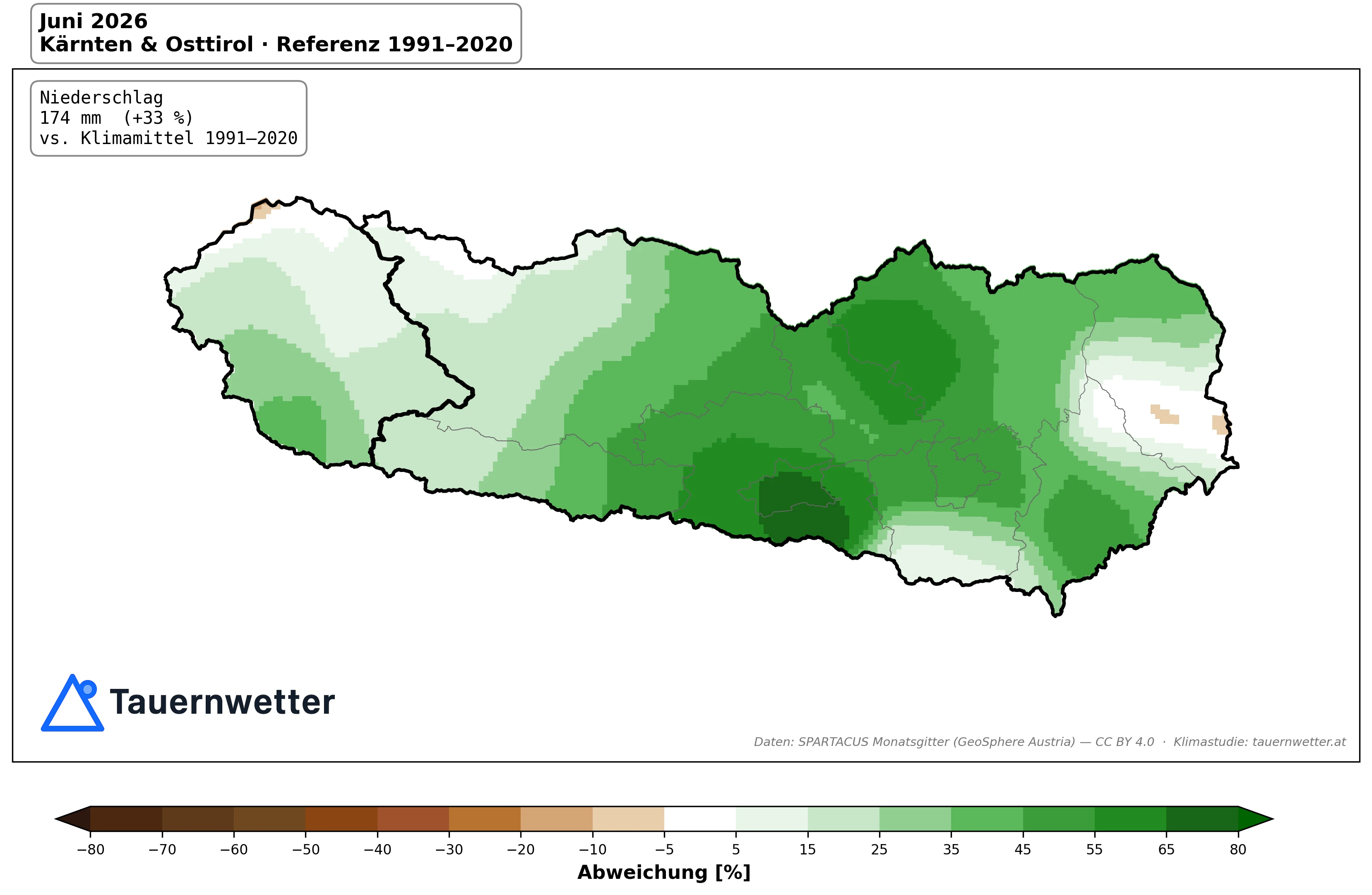Karte der Niederschlagsabweichung im Juni 2026 in Kärnten und Osttirol gegenüber dem Klimamittel 1991 bis 2020 – überwiegend grün, also nasser als normal.