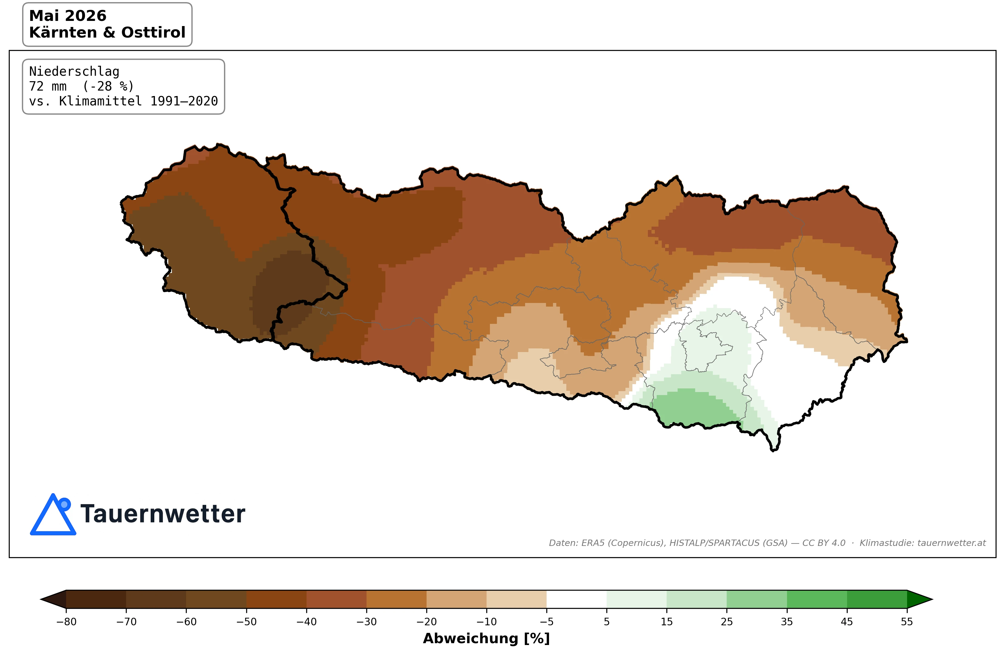 Karte der Niederschlagsabweichung im Mai 2026 in Kärnten und Osttirol gegenüber dem Klimamittel 1991 bis 2020 – im Flächenmittel minus 28 Prozent.
