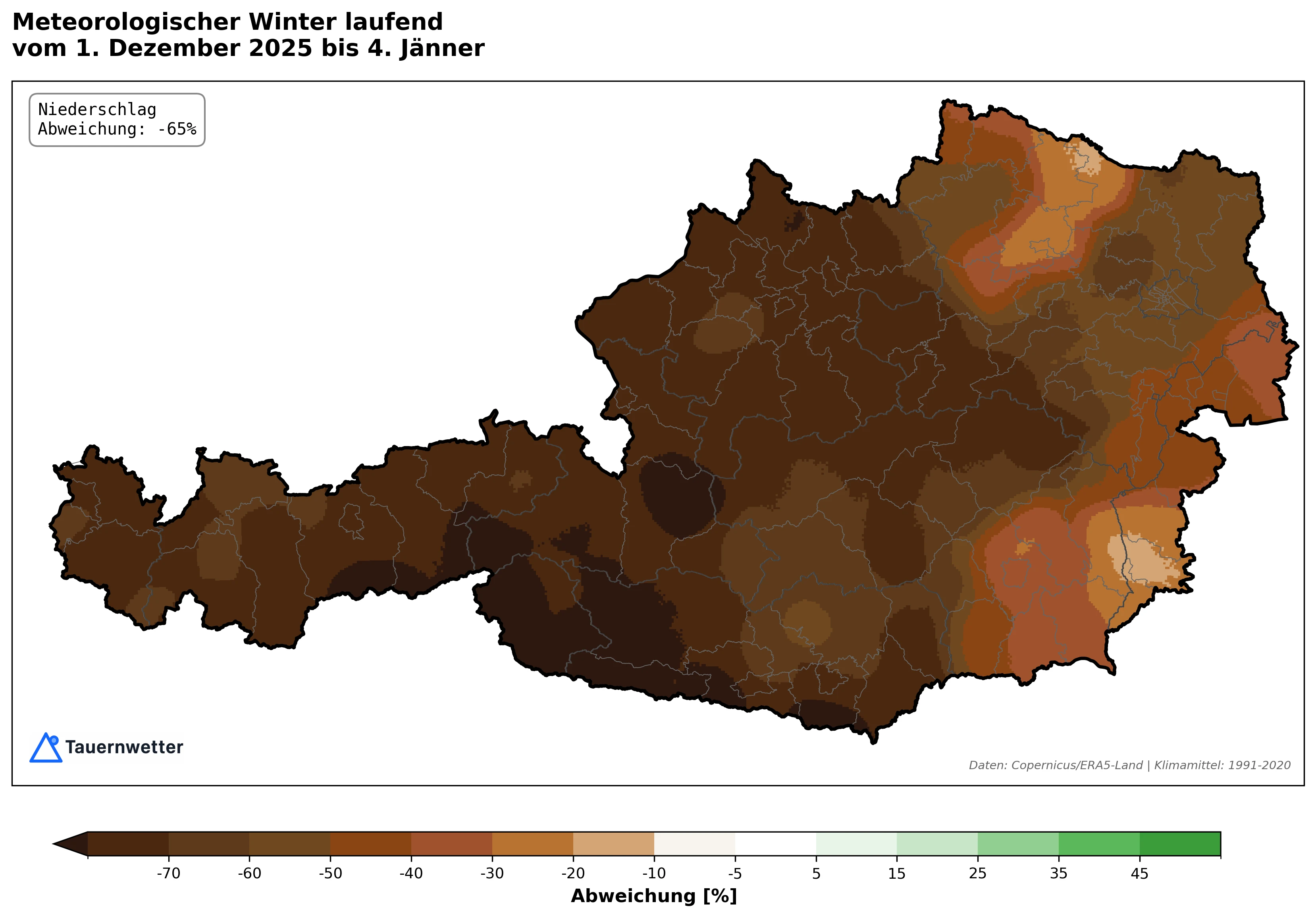 Niederschlagsabweichung in Österreich seit 1. Dezember 2025 - 65 Prozent Defizit