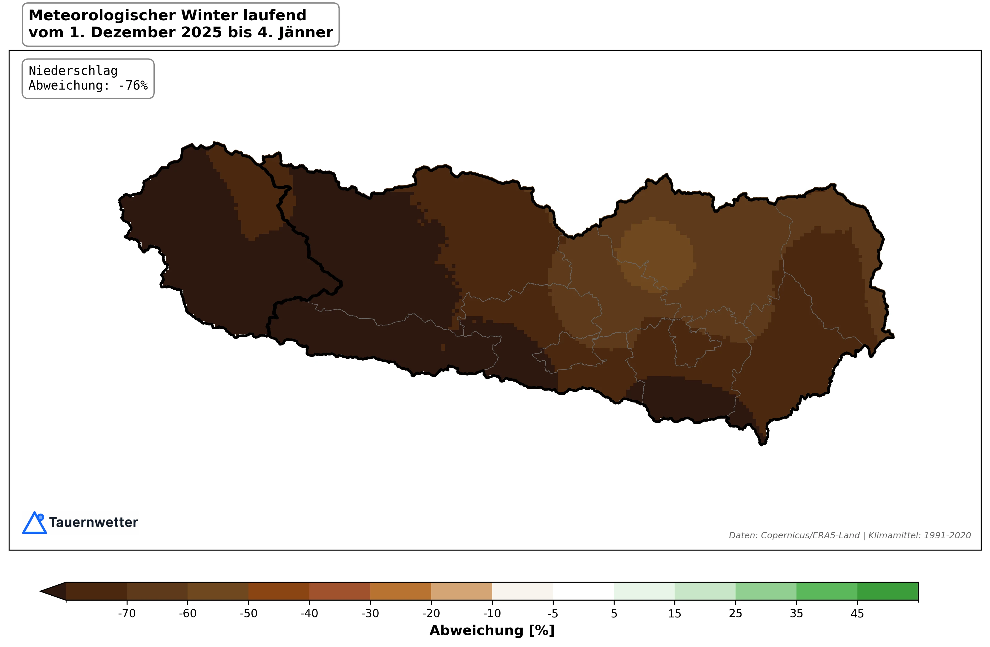 Niederschlagsabweichung Kärnten und Osttirol seit 1. Dezember 2025 - 76 Prozent Defizit