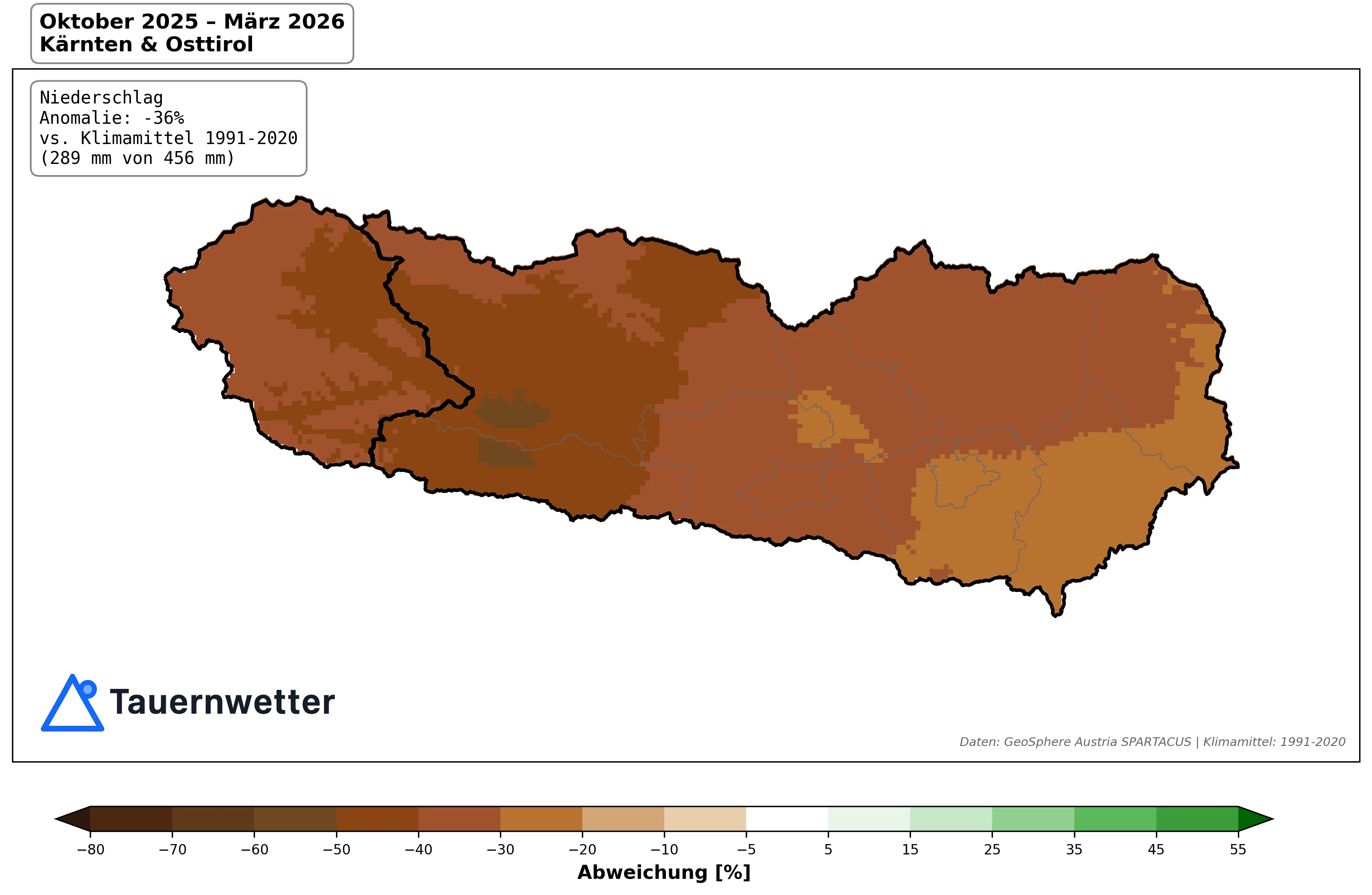 Niederschlag Oktober 2025 bis März 2026 in Kärnten und Osttirol im Vergleich zum Klimamittel 1991–2020