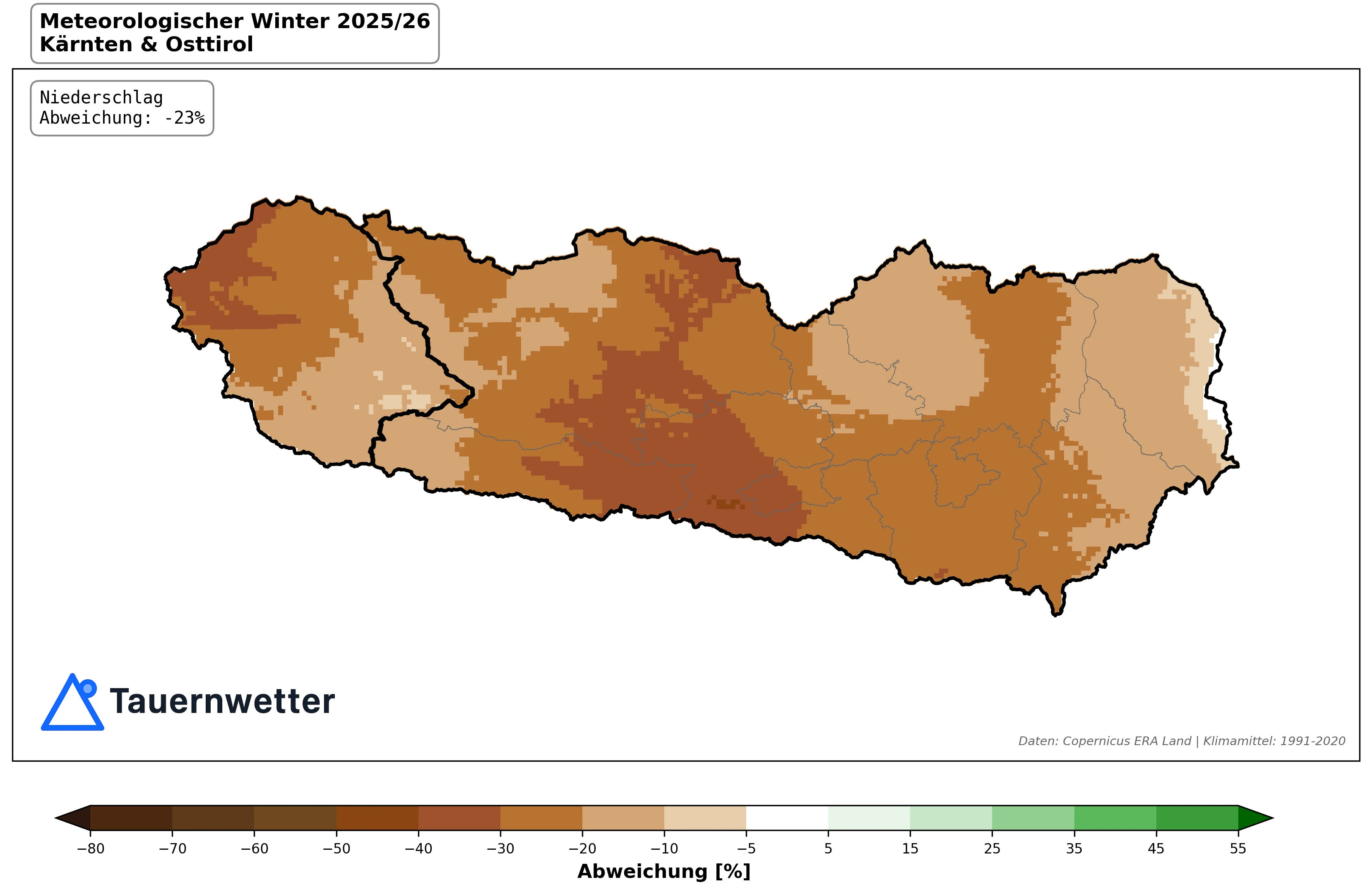 Niederschlagsabweichung meteorologischer Winter 2025/26 Kärnten und Osttirol – minus 23 Prozent unter dem Klimamittel