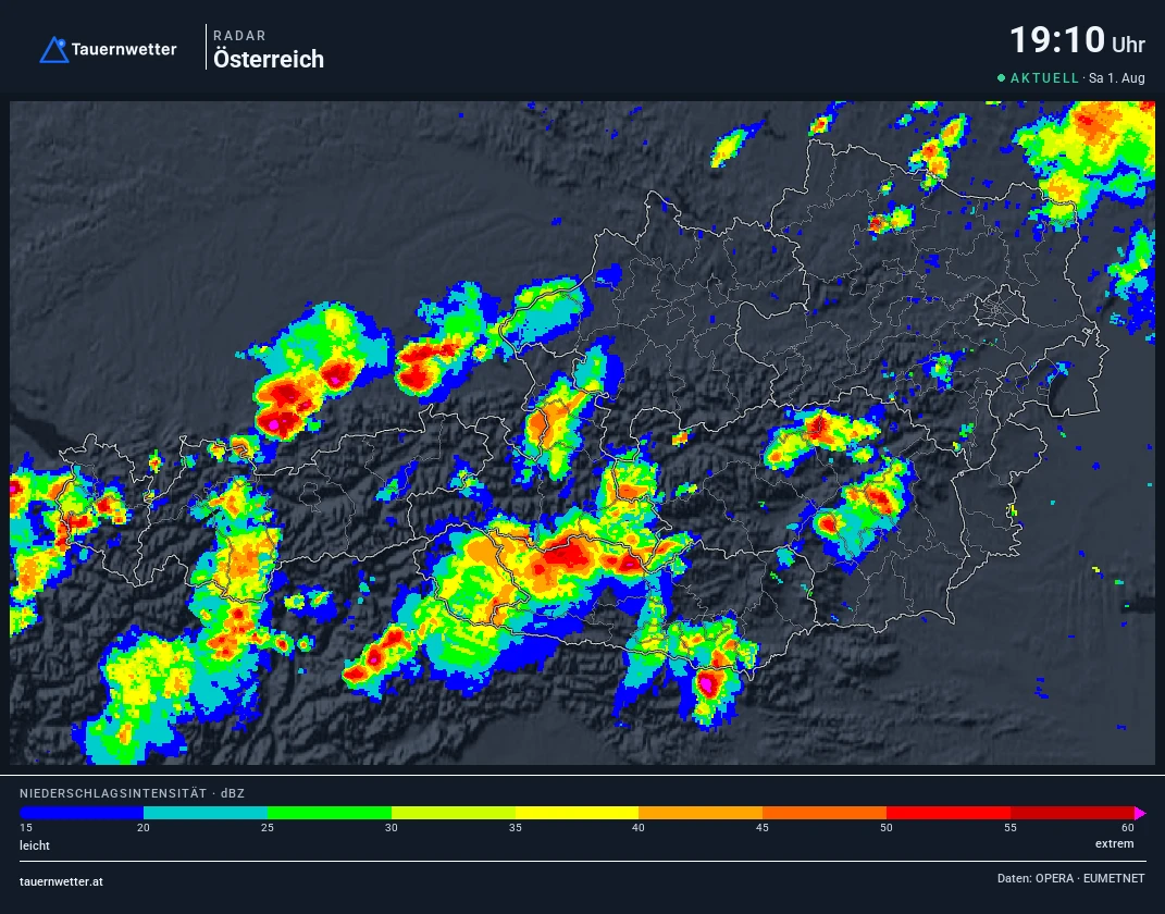 Wetterradar Österreich um 19:10 Uhr am 1. August 2026 mit kräftigen Gewittern über Oberkärnten und Osttirol.