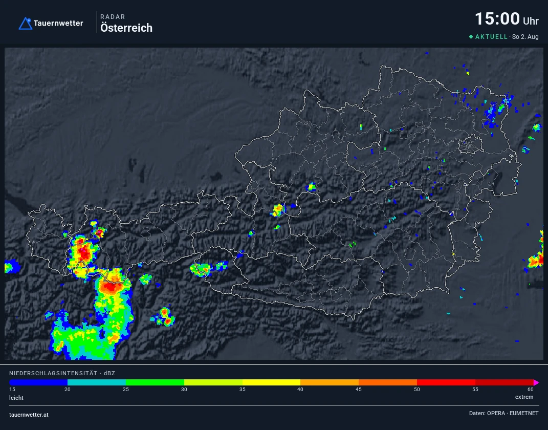 Wetterradar Österreich um 15 Uhr am 2. August 2026 mit einer kräftigen Gewitterzelle im Tiroler Oberland.