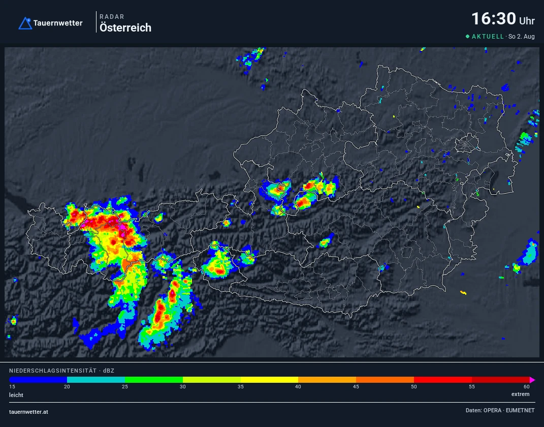 Wetterradar Österreich um 16:30 Uhr am 2. August 2026 mit heftigen Gewittern im Tiroler Oberland und westlich von Innsbruck.
