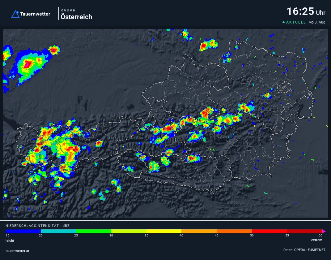 Wetterradar Österreich am 3. August 2026 um 16:30 Uhr mit Gewittern im westlichen Bergland und einer Zelle im Wienerwald.