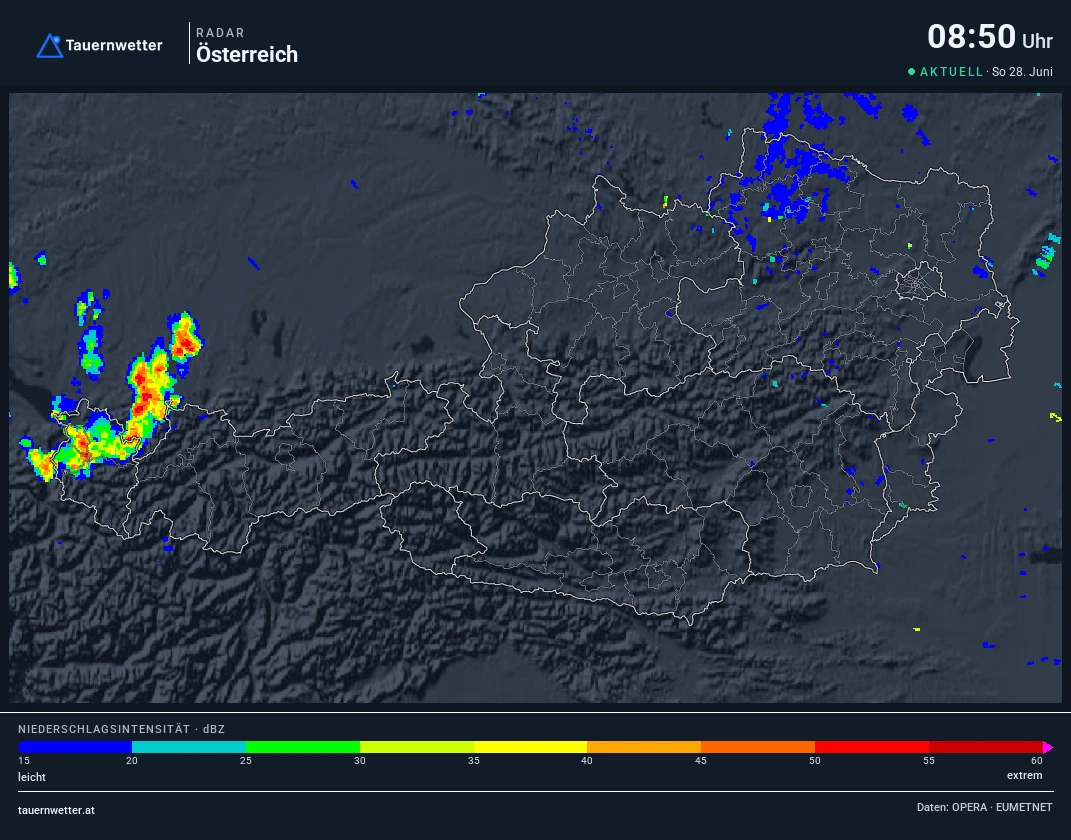 Wetterradar Österreich: erste Gewitterzellen im Westen, im Osten niederschlagsfrei