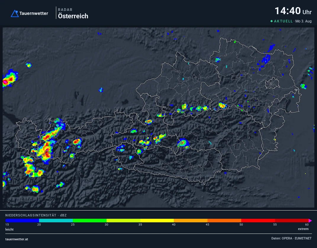Wetterradar Österreich am Montag, den 3. August 2026 um 14:40 Uhr mit zahlreichen Gewitterzellen im Bergland.