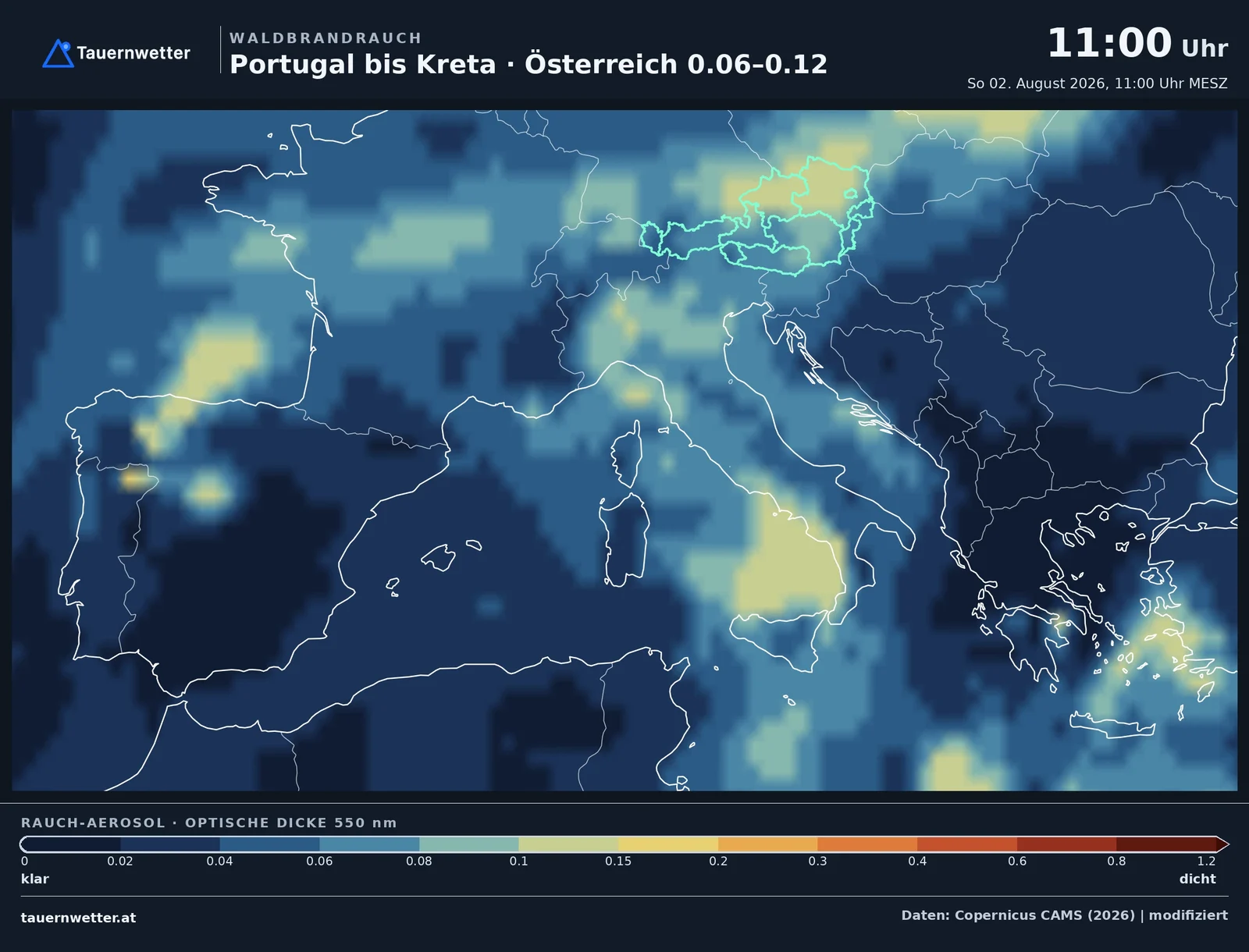 Karte des Waldbrandrauchs von Portugal bis Kreta am 2. August 2026 um 11 Uhr mit den höchsten Werten über dem Norden und Osten Österreichs.