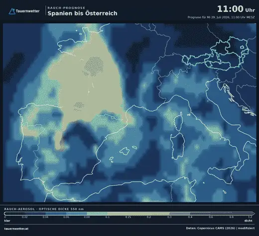 Animierte Rauchprognose von Copernicus für Spanien bis Österreich mit der optischen Dicke der Rauchaerosole.