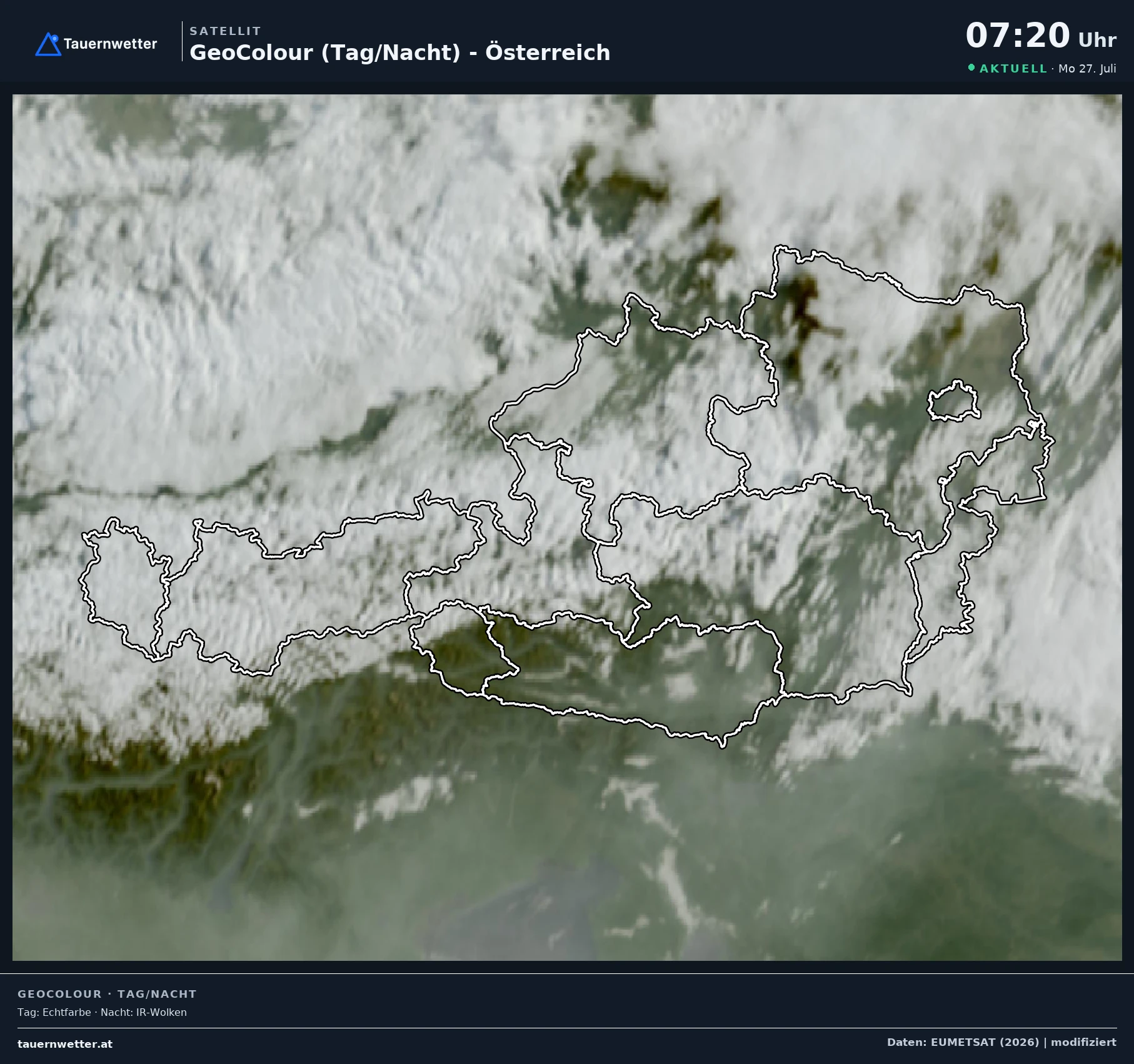Satellitenbild von Österreich am Morgen des 27. Juli 2026 mit dem grauen Rauchschleier über dem Süden des Landes.