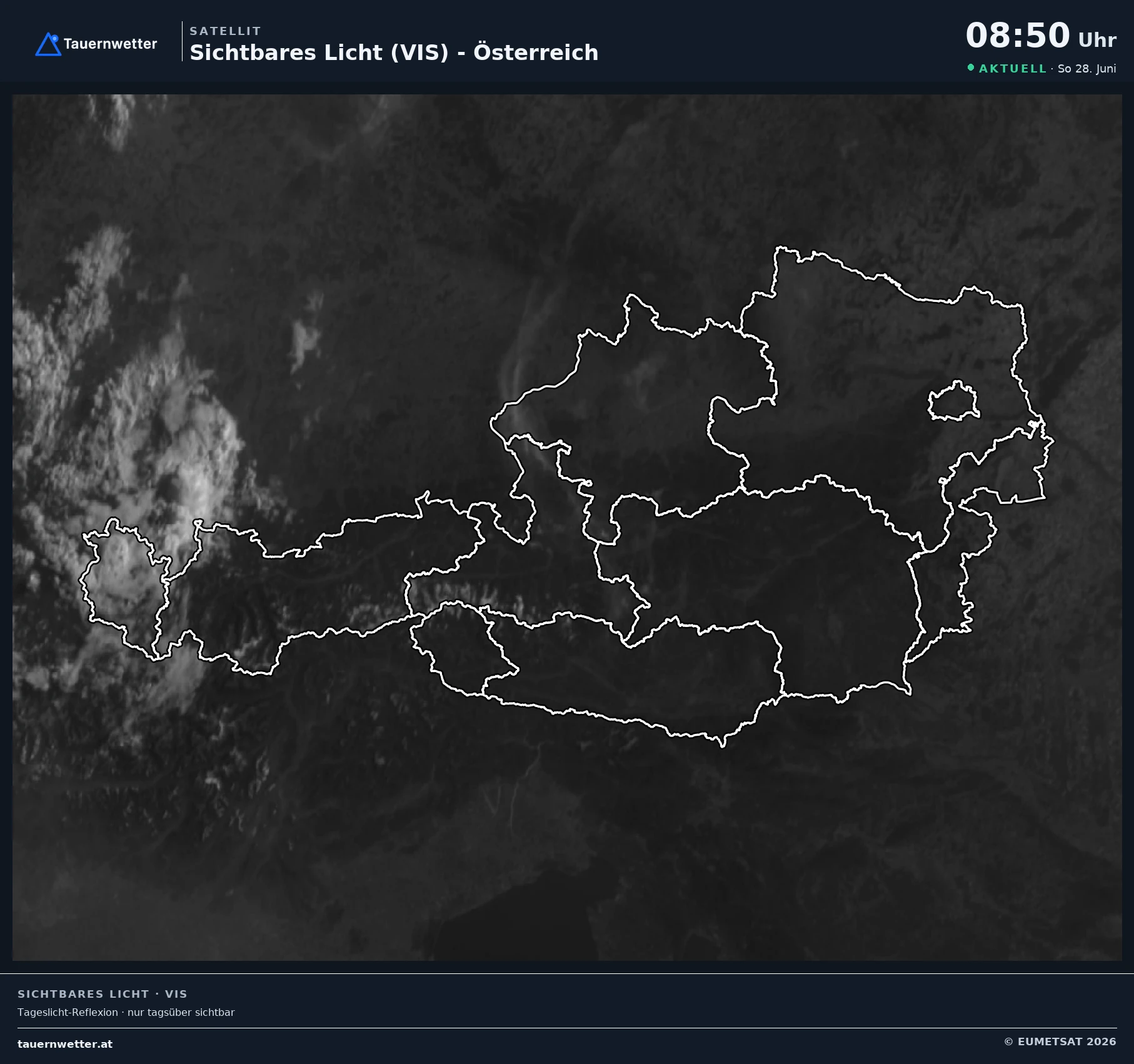 Satellitenbild Österreich im sichtbaren Licht: Quellwolken im Westen, im Osten wolkenlos
