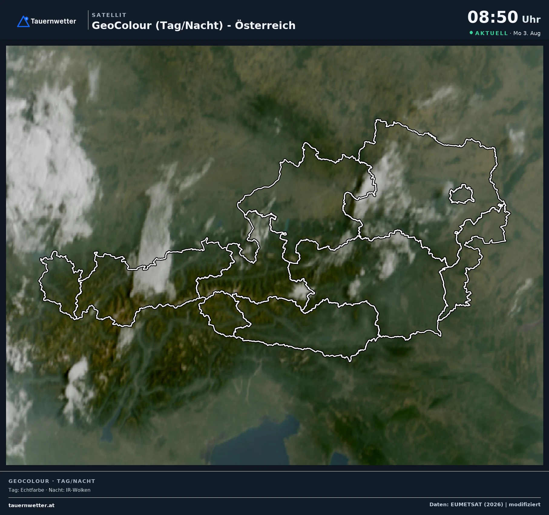 Satellitenbild von Österreich am Montag, den 3. August 2026 um 9 Uhr: fast wolkenloser Himmel, nur im Tiroler Unterland und im westlichen Niederösterreich einzelne Wolkenfelder.