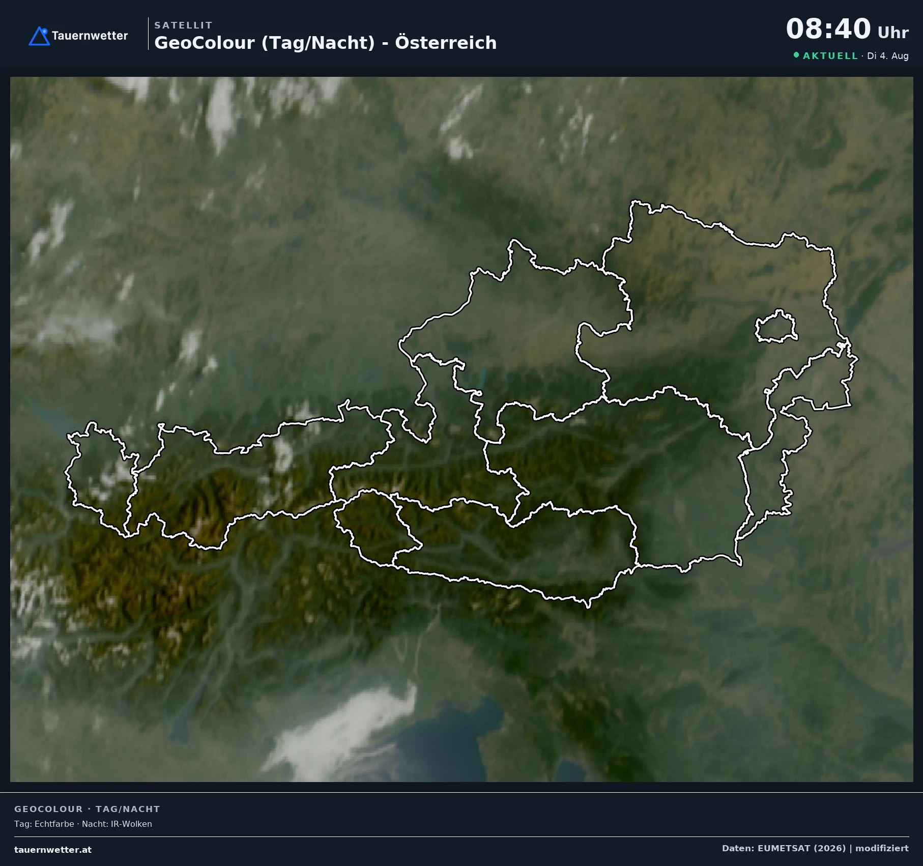 Satellitenbild von Österreich am Dienstag, den 4. August 2026 um 9 Uhr mit weitgehend wolkenlosem Himmel.