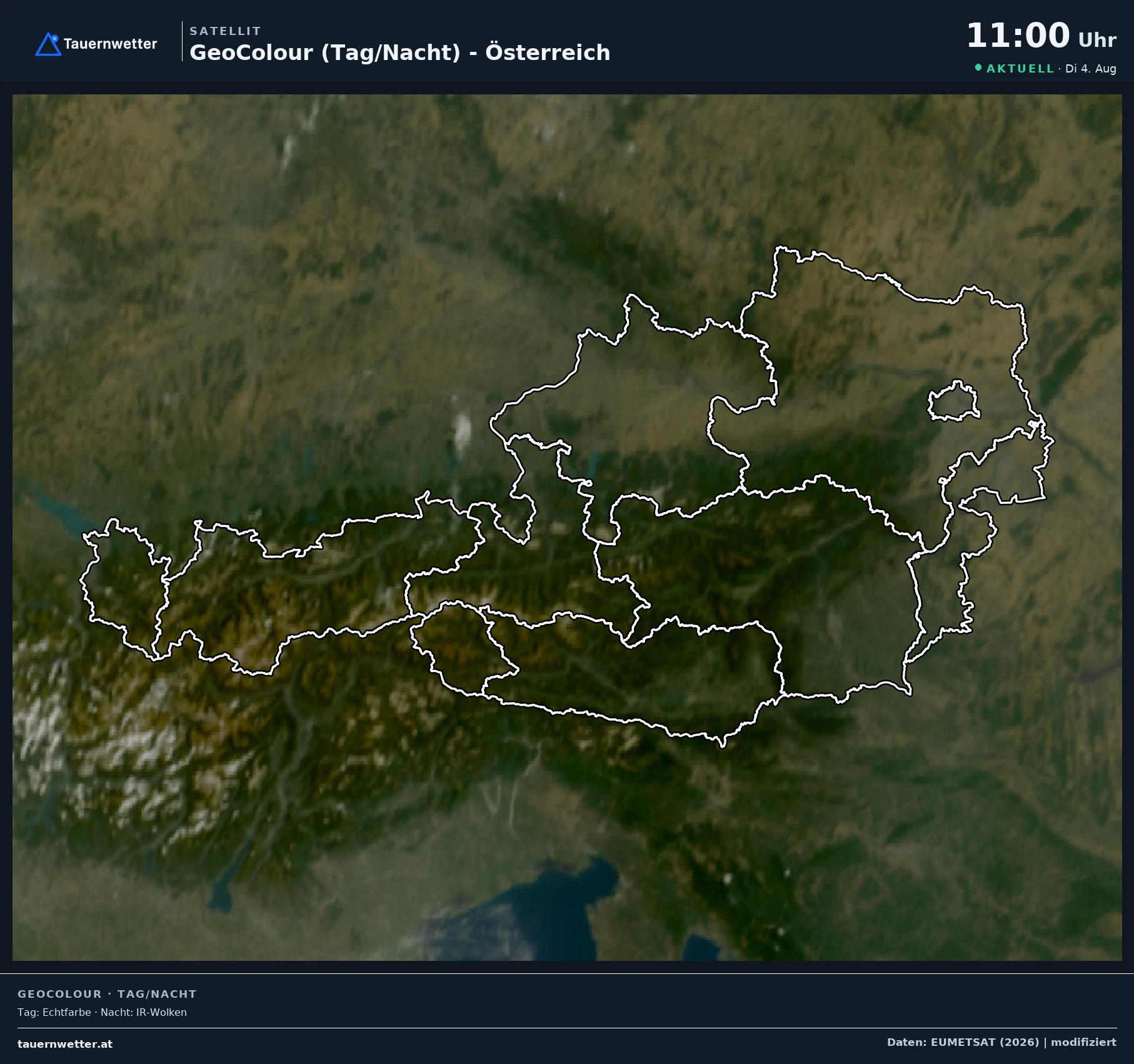 Satellitenbild von Österreich am Dienstag, den 4. August 2026 um die Mittagszeit, nahezu wolkenlos.