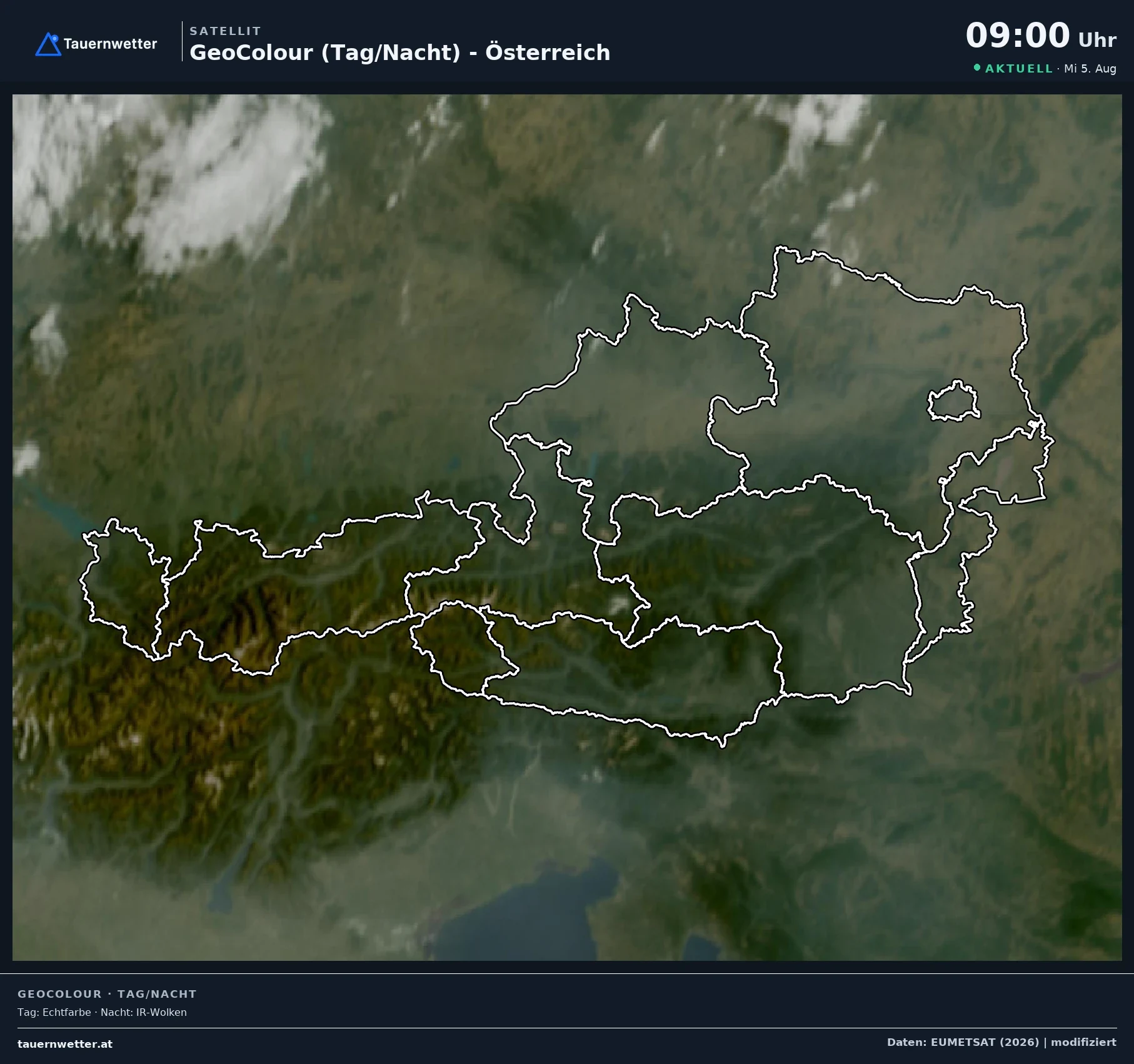 Satellitenbild von Österreich am Mittwoch, den 5. August 2026, mit wolkenlosem Himmel.