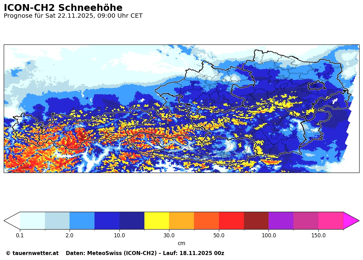 Schneehöhenprognose Samstag 22. November 2025 - ICON-CH2 Modell