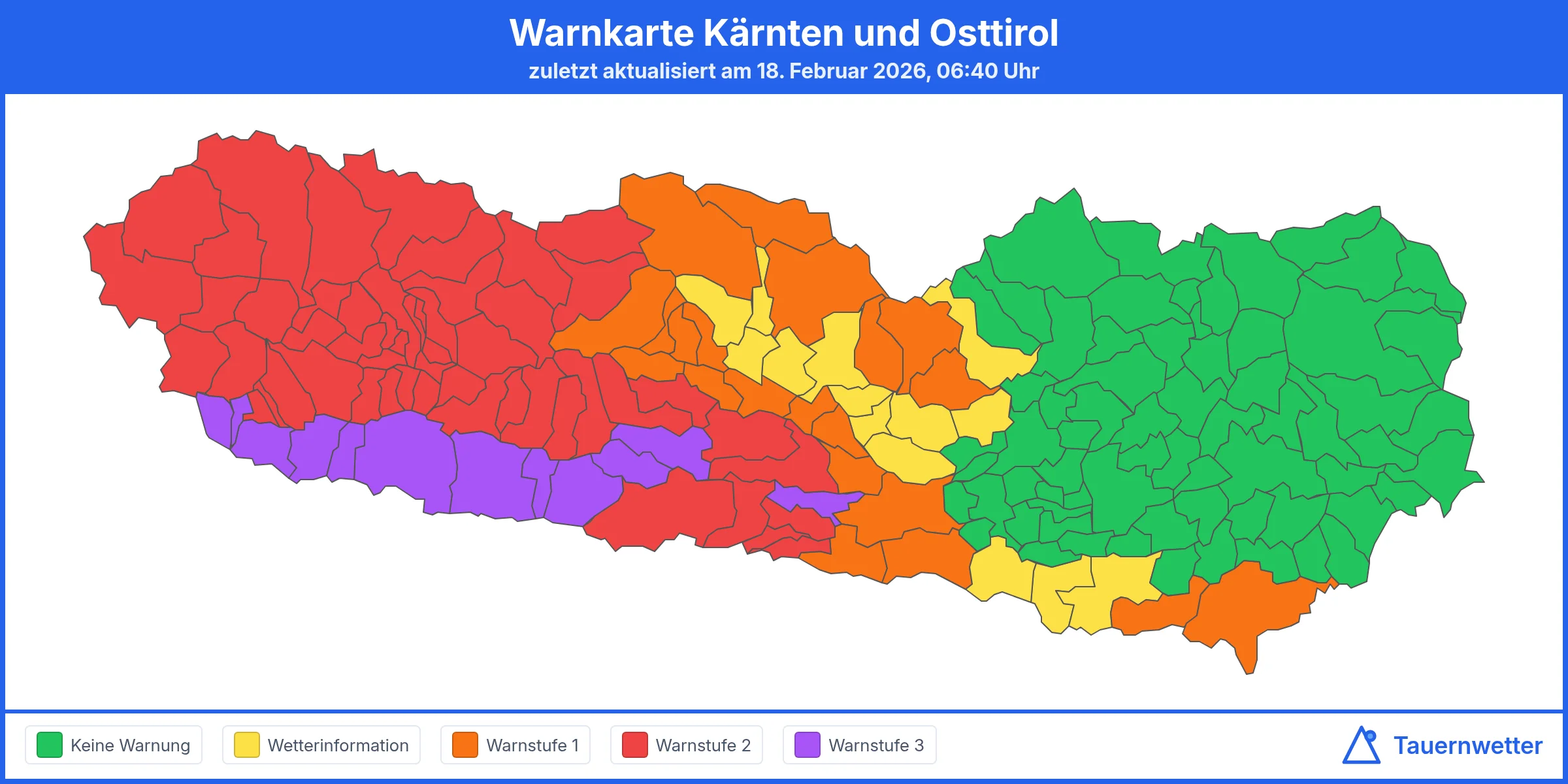Warnkarte für Kärnten und Osttirol mit Schneewarnungen für Donnerstag, 19. Februar 2026