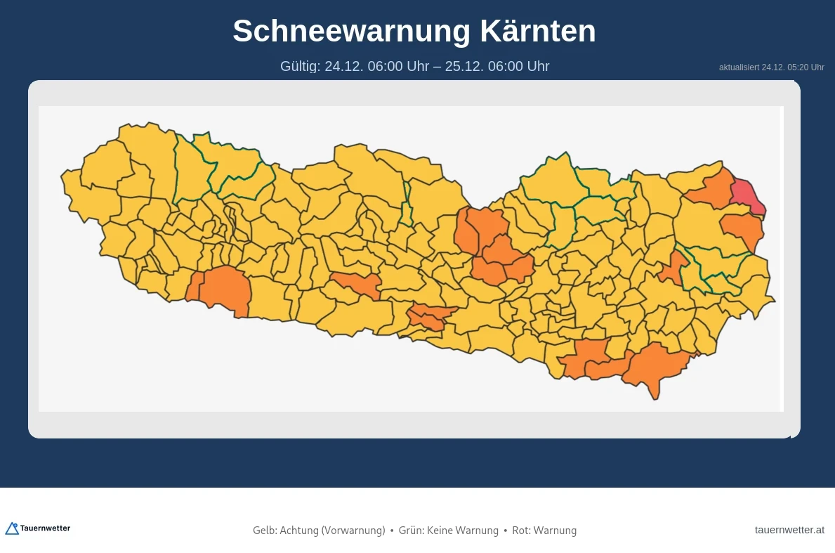 Schneewarnung Kärnten AKTUALISIERT – Gültig 24.12. 06:00 Uhr bis 25.12. 06:00 Uhr