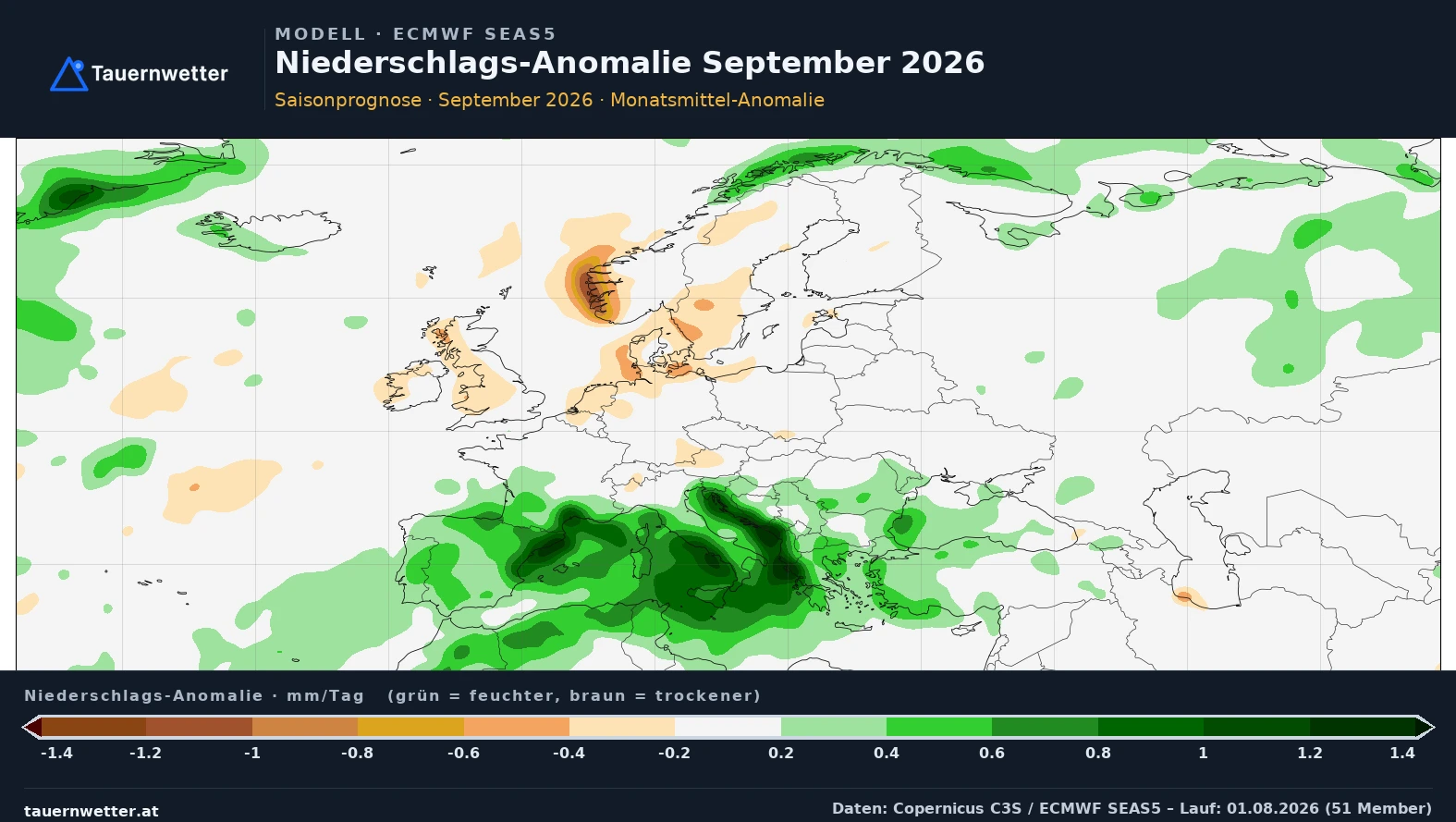 Saisonprognose des ECMWF-Modells SEAS5 für die Niederschlags-Anomalie im September 2026: deutlich zu feucht über dem westlichen und zentralen Mittelmeer, in Mitteleuropa nur schwache Signale.