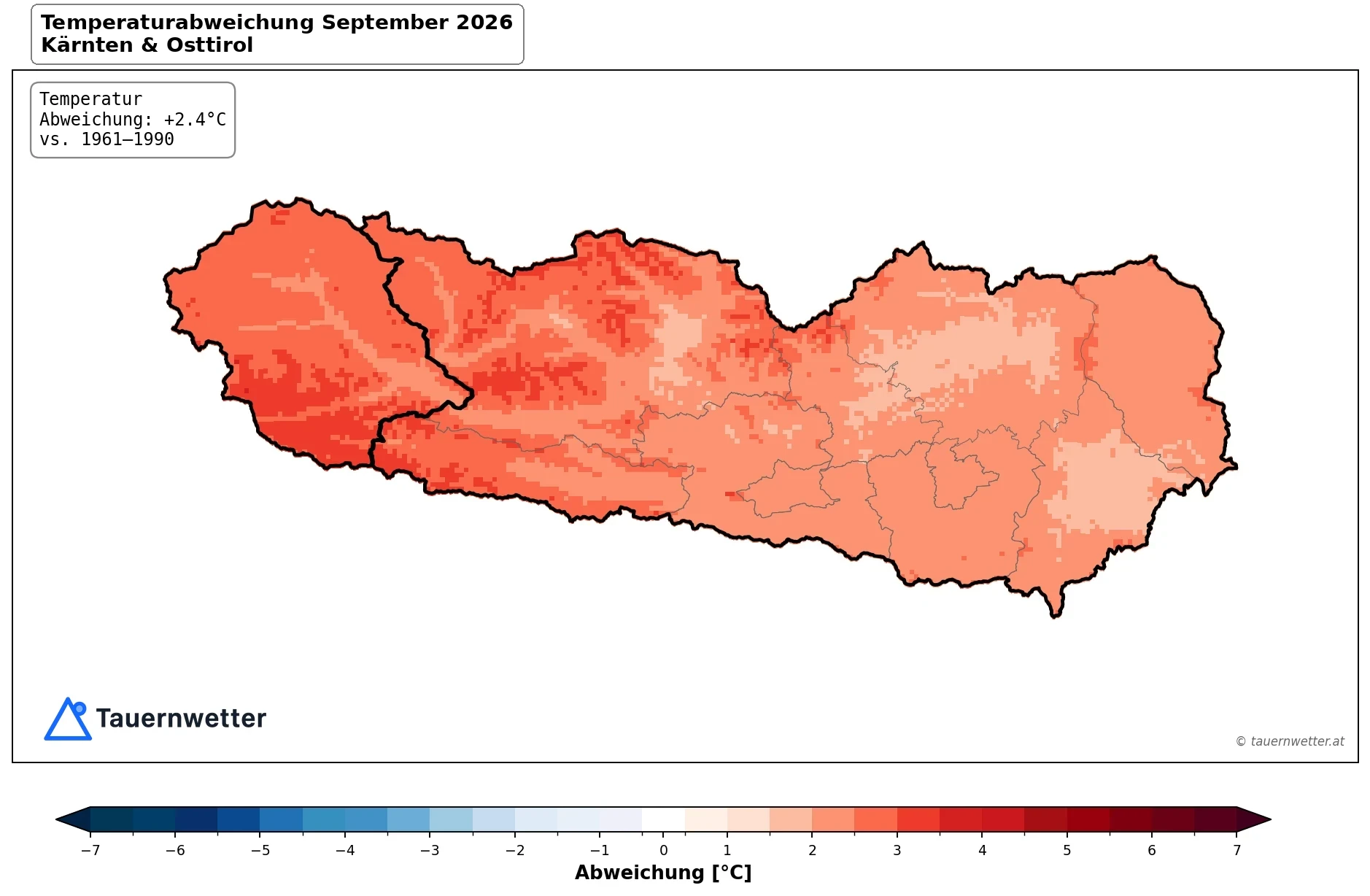 Karte der Temperaturabweichung im September 2026 in Kärnten und Osttirol gegenüber dem Mittel der Jahre 1961 bis 1990: Das ganze Gebiet ist rot eingefärbt. Im Flächenmittel beträgt die Abweichung plus 2,4 Grad.