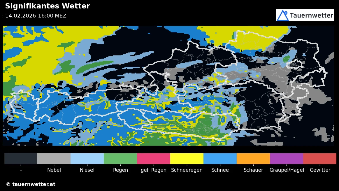 Wetter am Samstag um 16 Uhr – Regen und Schneefall in Kärnten und Osttirol
