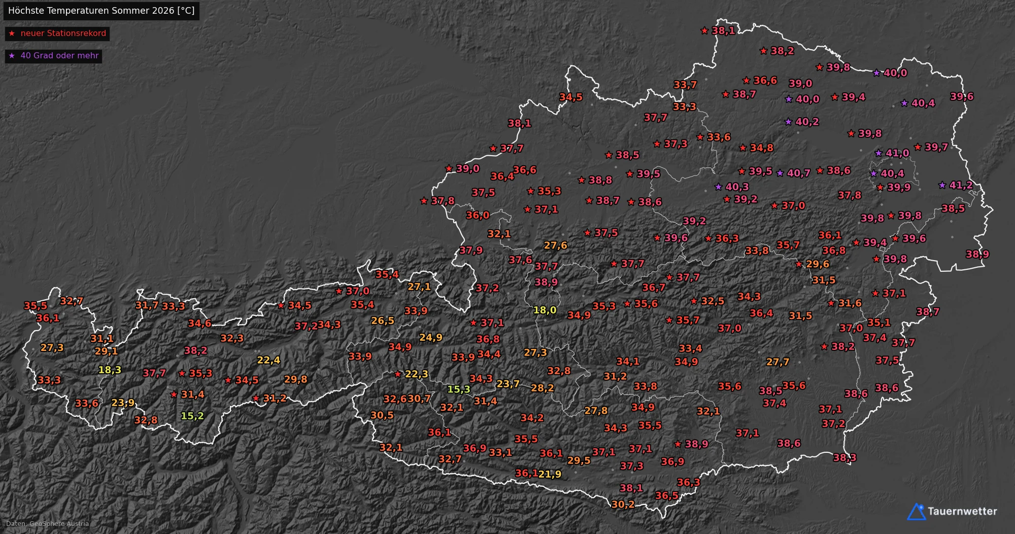 Stationskarte Österreichs mit der höchsten Temperatur des Sommers 2026 je Station: im Osten verbreitet 39 bis 41 Grad, Höchstwert 41,2 Grad in Bad Deutsch-Altenburg. Violette Sterne markieren Stationen mit 40 Grad oder mehr, rote Sterne neue Stationsrekorde an mindestens 92 von 259 Stationen.