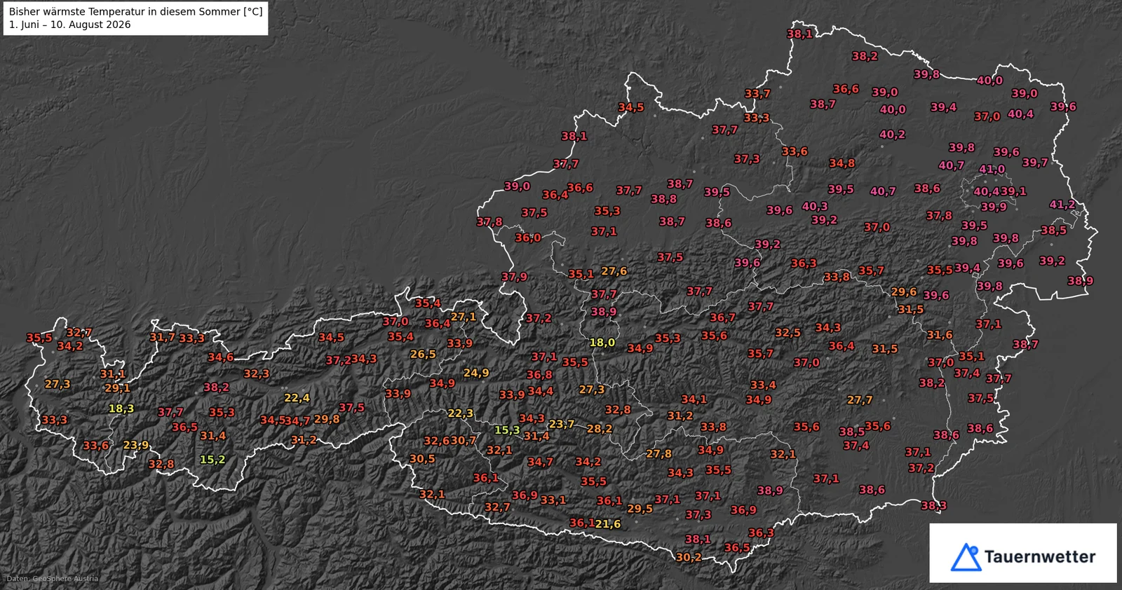 Stationskarte Österreichs mit der jeweils höchsten gemessenen Temperatur des Sommers 2026, bis zu 41,2 Grad im Osten.