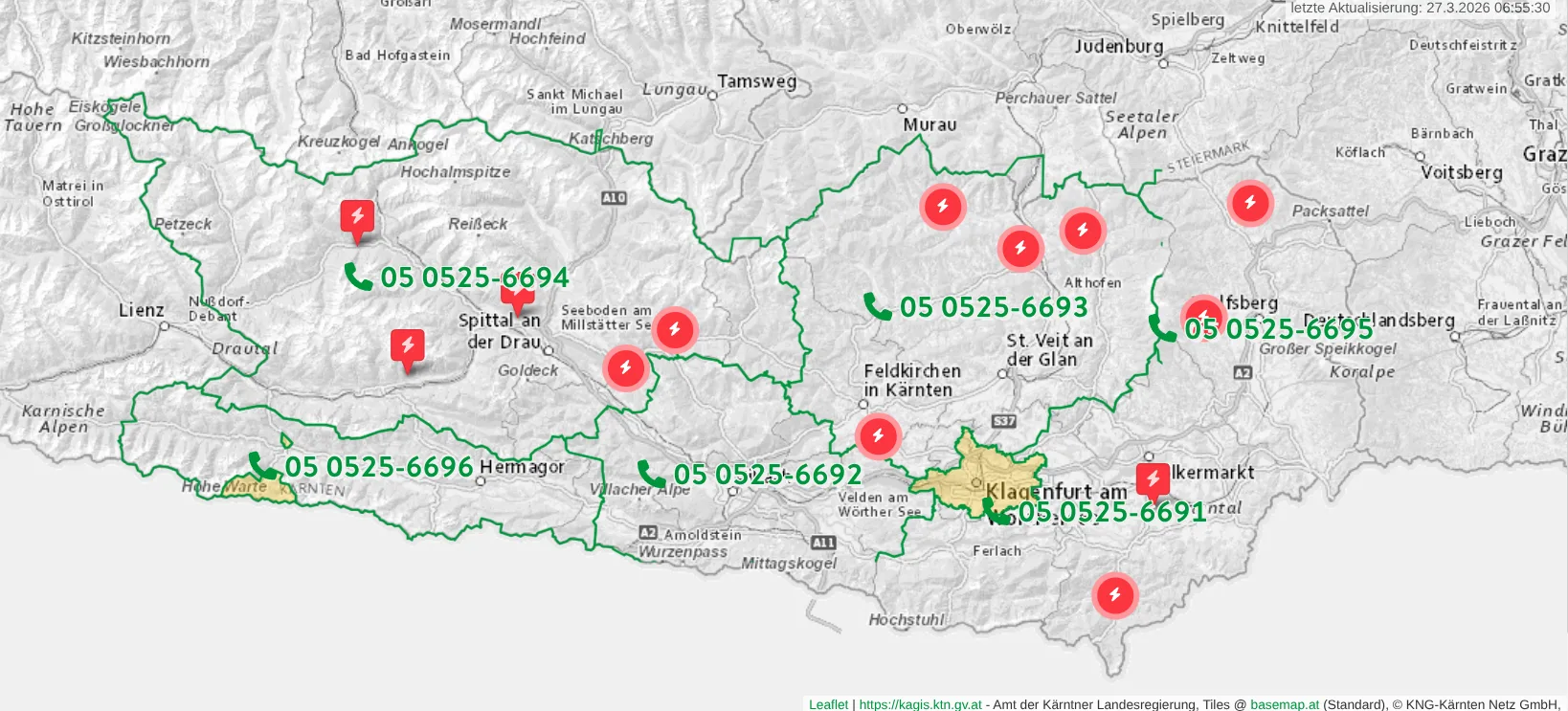 Störungskarte der Kärnten Netz vom 27. März 2026: Stromausfälle in den Bezirken Spittal an der Drau, St. Veit an der Glan und Wolfsberg