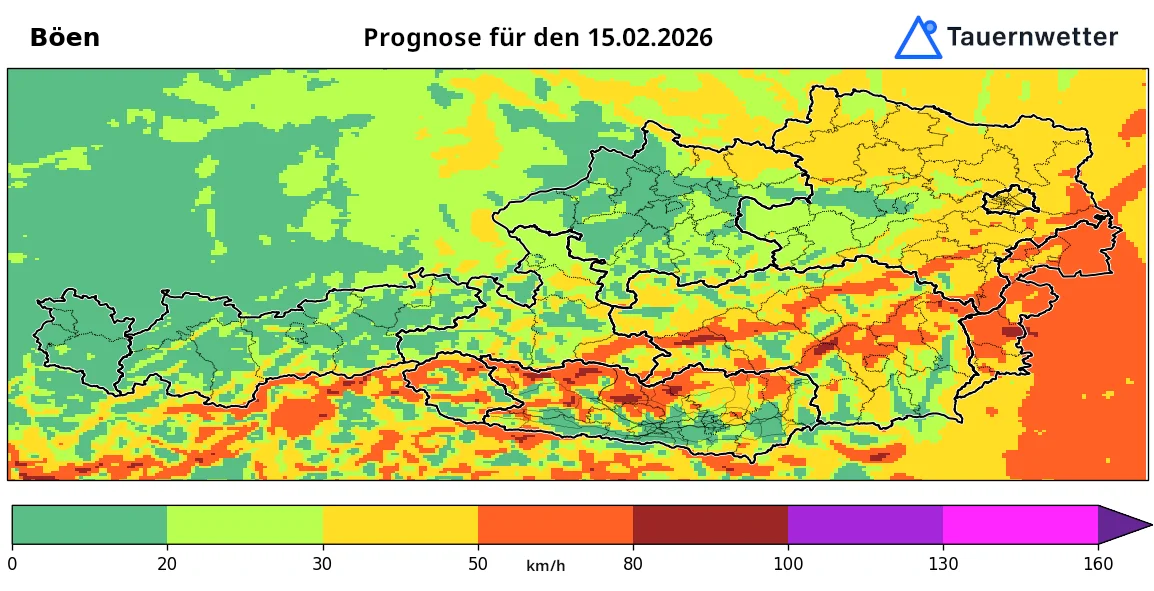 Windprognose Sonntag, 15. Februar 2026 – starker Nordwind und Sturmböen in Kärnten und Osttirol