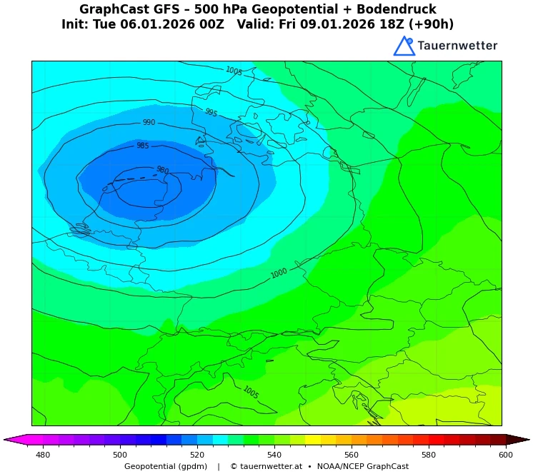 500 hPa Geopotential mit Bodendruck: Sturmtief vom Atlantik am 9. Jänner 2026