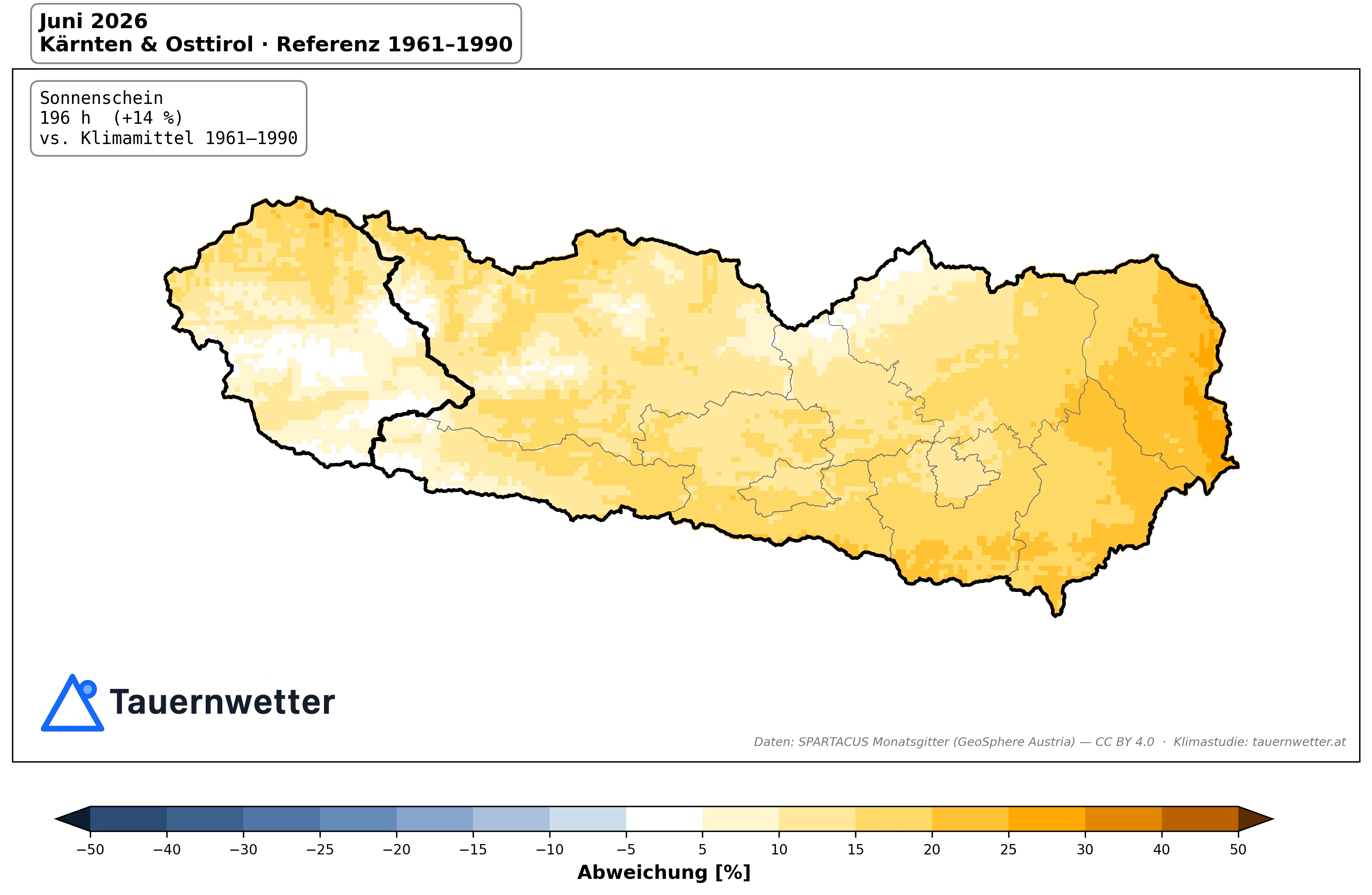 Karte der Sonnenscheinabweichung im Juni 2026 in Kärnten und Osttirol gegenüber dem Klimamittel 1961 bis 1990.