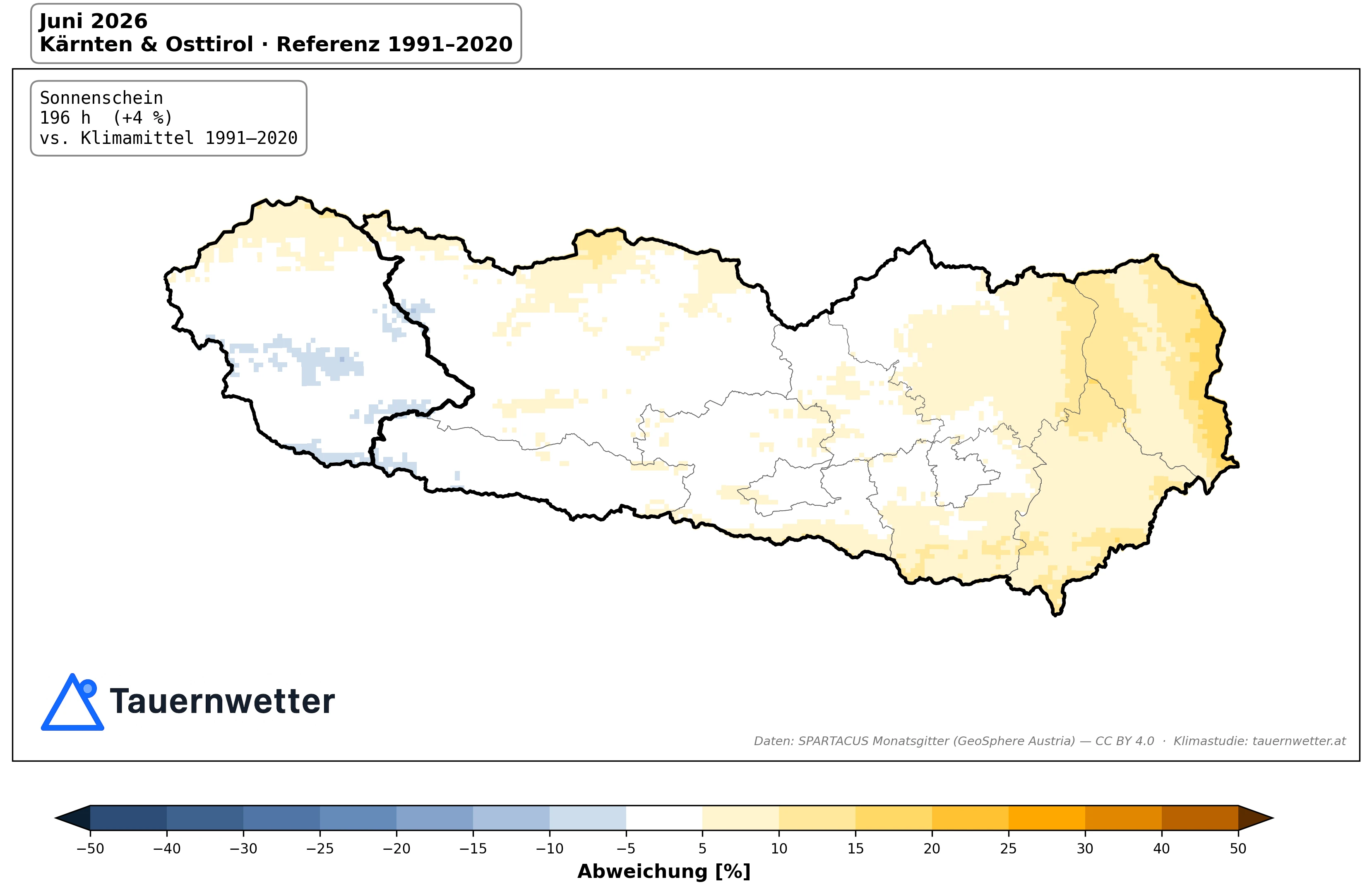 Karte der Sonnenscheinabweichung im Juni 2026 in Kärnten und Osttirol gegenüber dem Klimamittel 1991 bis 2020.
