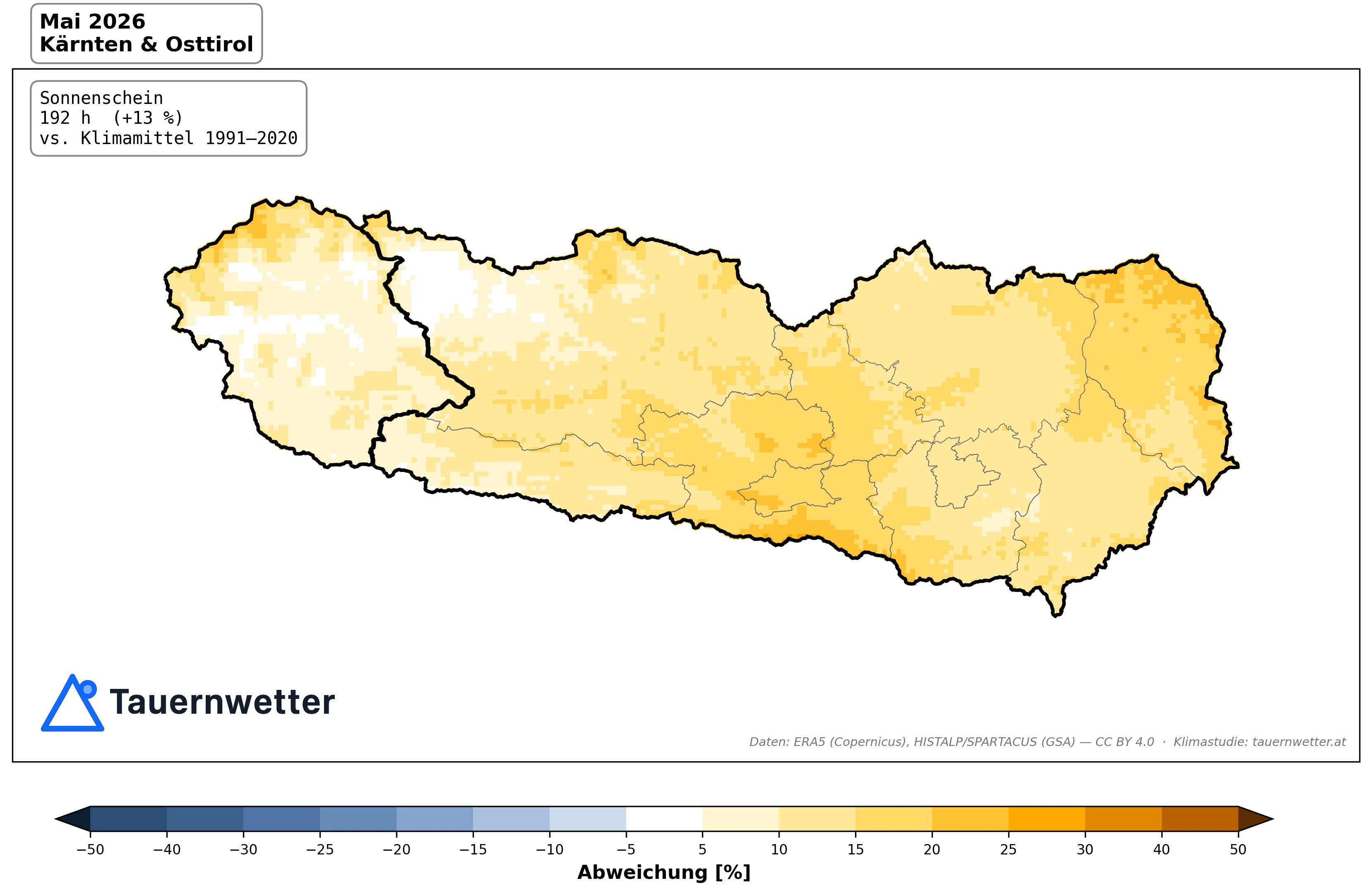 Karte der Sonnenscheinabweichung im Mai 2026 in Kärnten und Osttirol – im Flächenmittel rund 13 Prozent mehr Sonnenschein als im Klimamittel 1991 bis 2020.