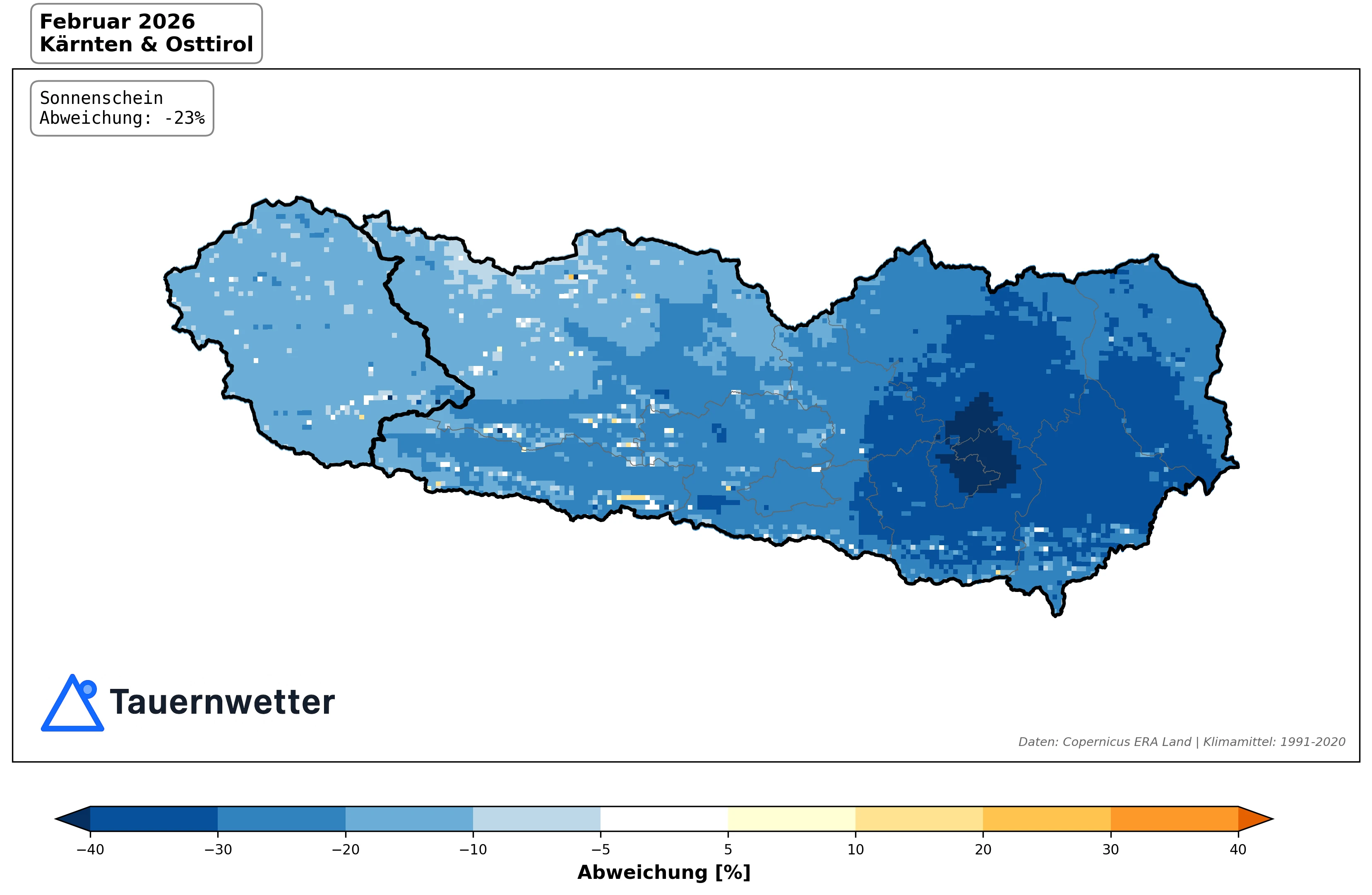 Sonnenscheinabweichung Februar 2026 Kärnten und Osttirol – minus 23 Prozent im Flächenmittel