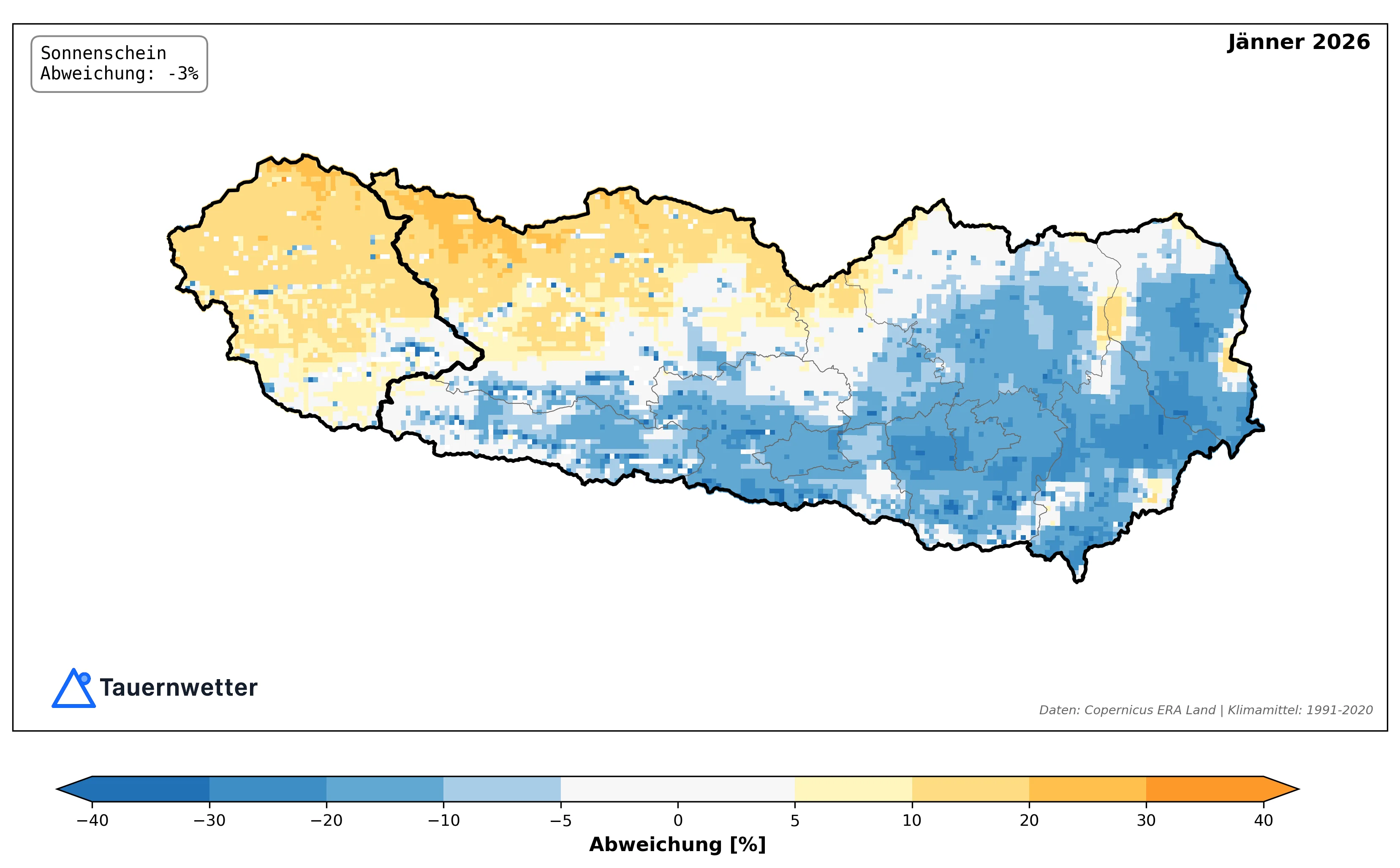 Sonnenscheinabweichung Jänner 2026 Kärnten Osttirol - mehr Sonne im Westen weniger im Osten