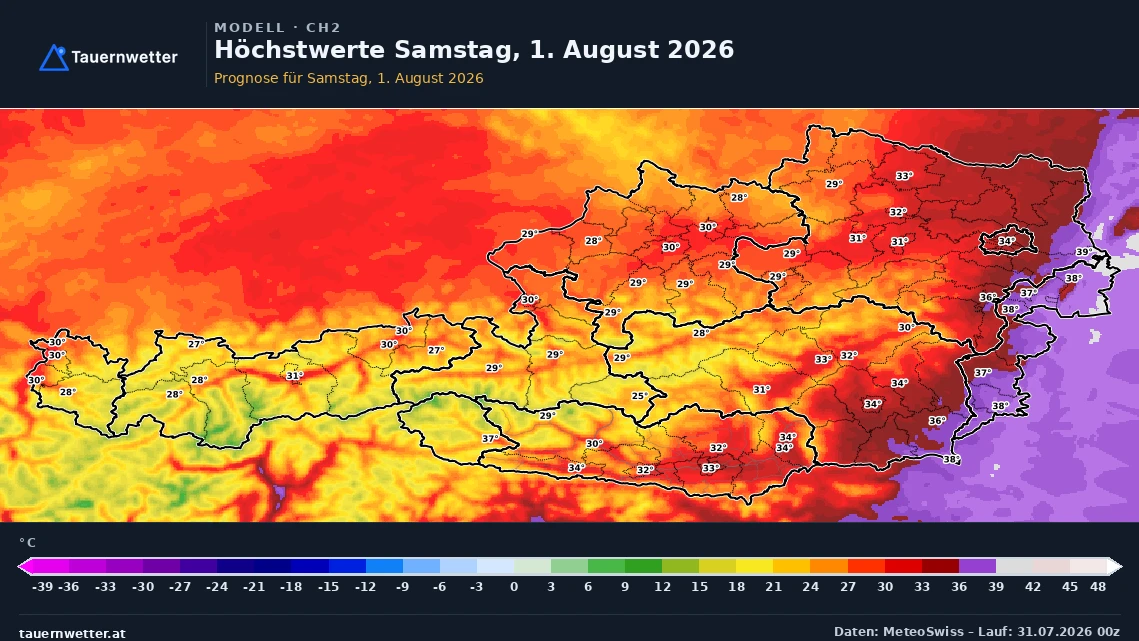 Prognosekarte der Höchstwerte in Österreich für Samstag, den 1. August 2026.