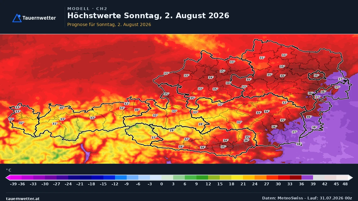Prognosekarte der Höchstwerte in Österreich für Sonntag, den 2. August 2026.