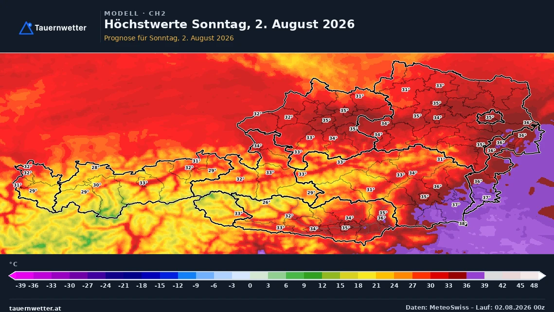 Prognostizierte Höchstwerte in Österreich am Sonntag, 2. August 2026, mit 35 bis 37 Grad im Süden und Osten.