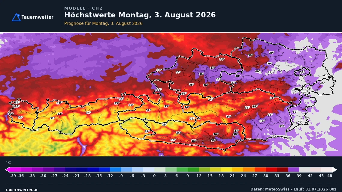 Prognosekarte der Höchstwerte in Österreich für Montag, den 3. August 2026, mit 40 Grad im östlichen Flachland.