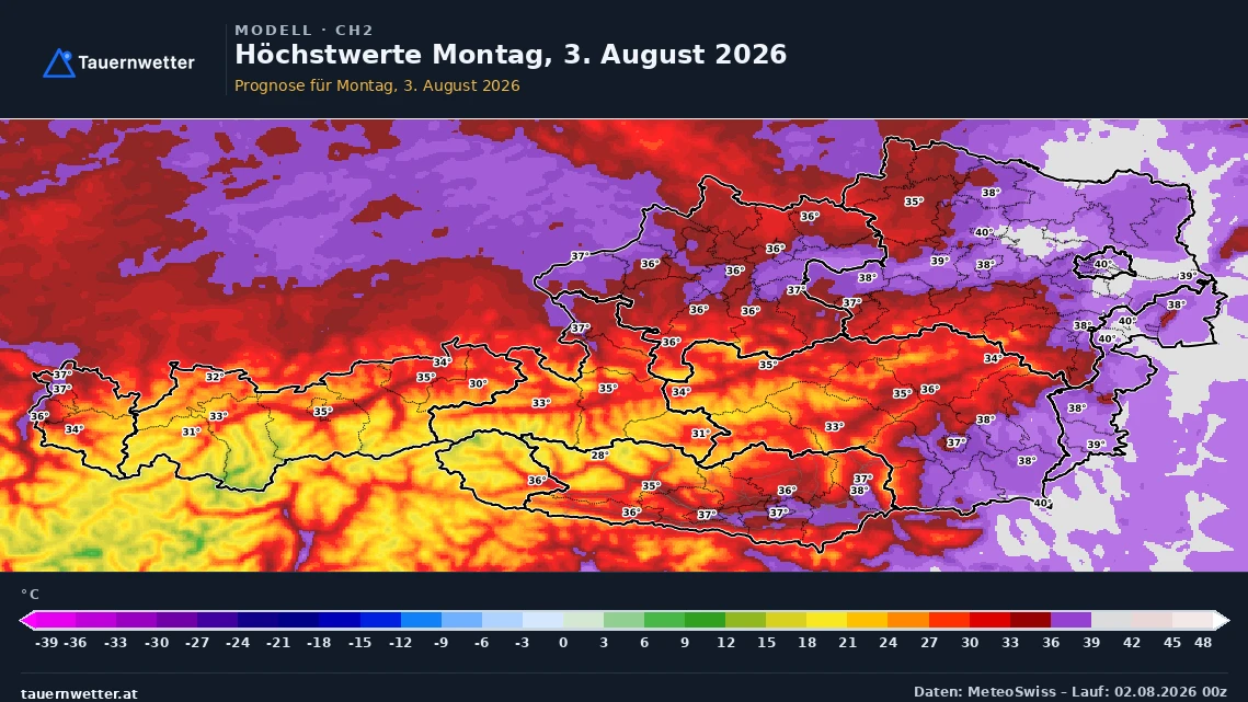 Prognostizierte Höchstwerte in Österreich am Montag, 3. August 2026, mit bis zu 40 Grad im östlichen Flachland.