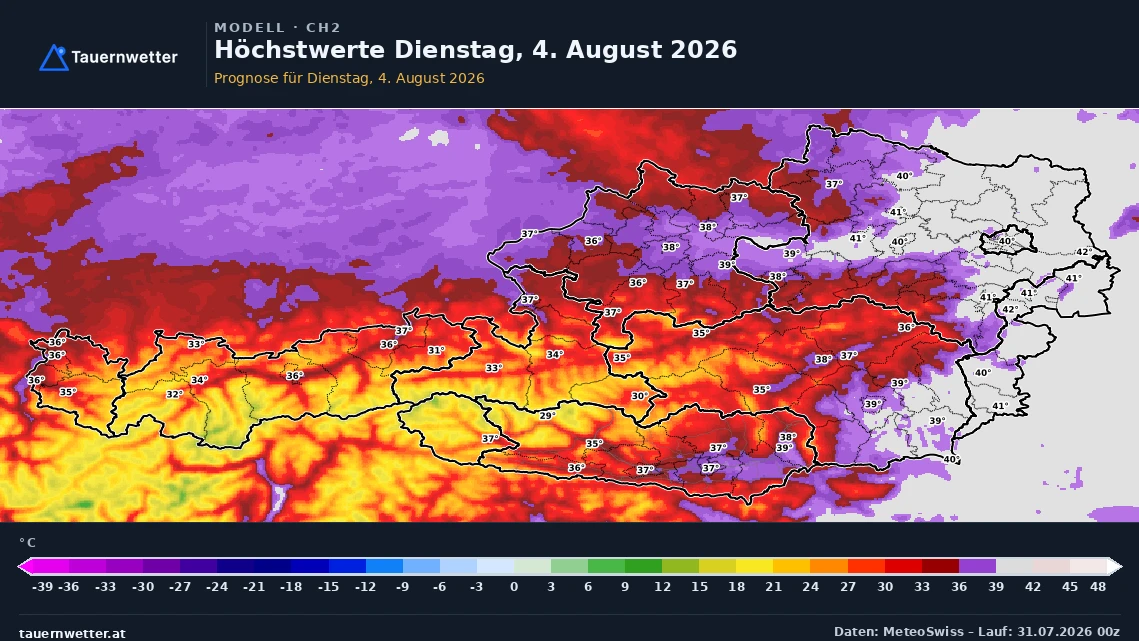 Prognosekarte der Höchstwerte in Österreich für Dienstag, den 4. August 2026, mit bis zu 41 Grad.