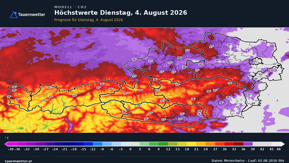 Prognostizierte Höchstwerte in Österreich am Dienstag, 4. August 2026, dem Höhepunkt der Hitzewelle.