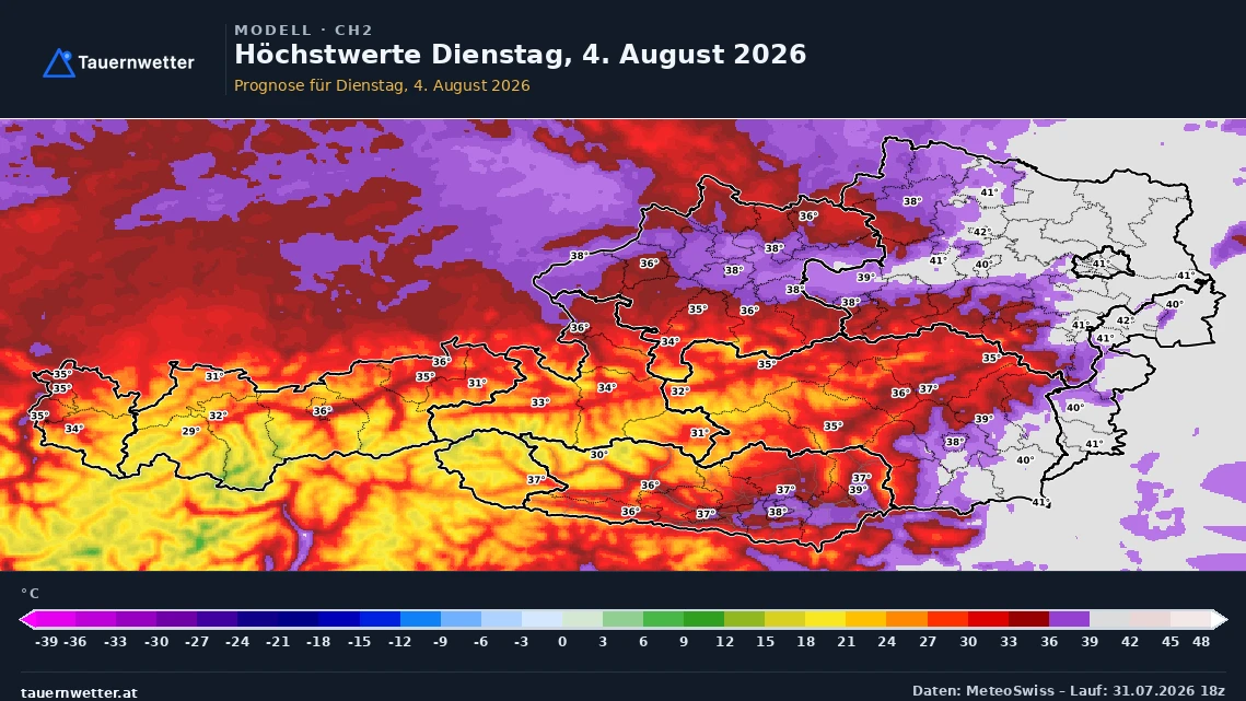 Prognosekarte der Höchstwerte in Österreich für Dienstag, den 4. August 2026, aus dem Modell ICON-CH2, Lauf vom 31. Juli 18 UTC.