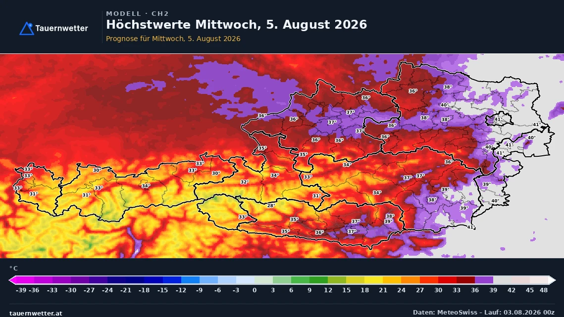 Prognosekarte der Höchstwerte in Österreich für Mittwoch, den 5. August 2026, mit bis zu 41 Grad im Osten und Südosten.