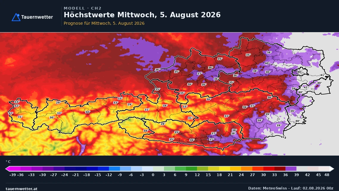 Prognostizierte Höchstwerte in Österreich am Mittwoch, 5. August 2026, im Osten örtlich noch um 40 Grad.